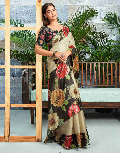 Cream Silk Printed Saree