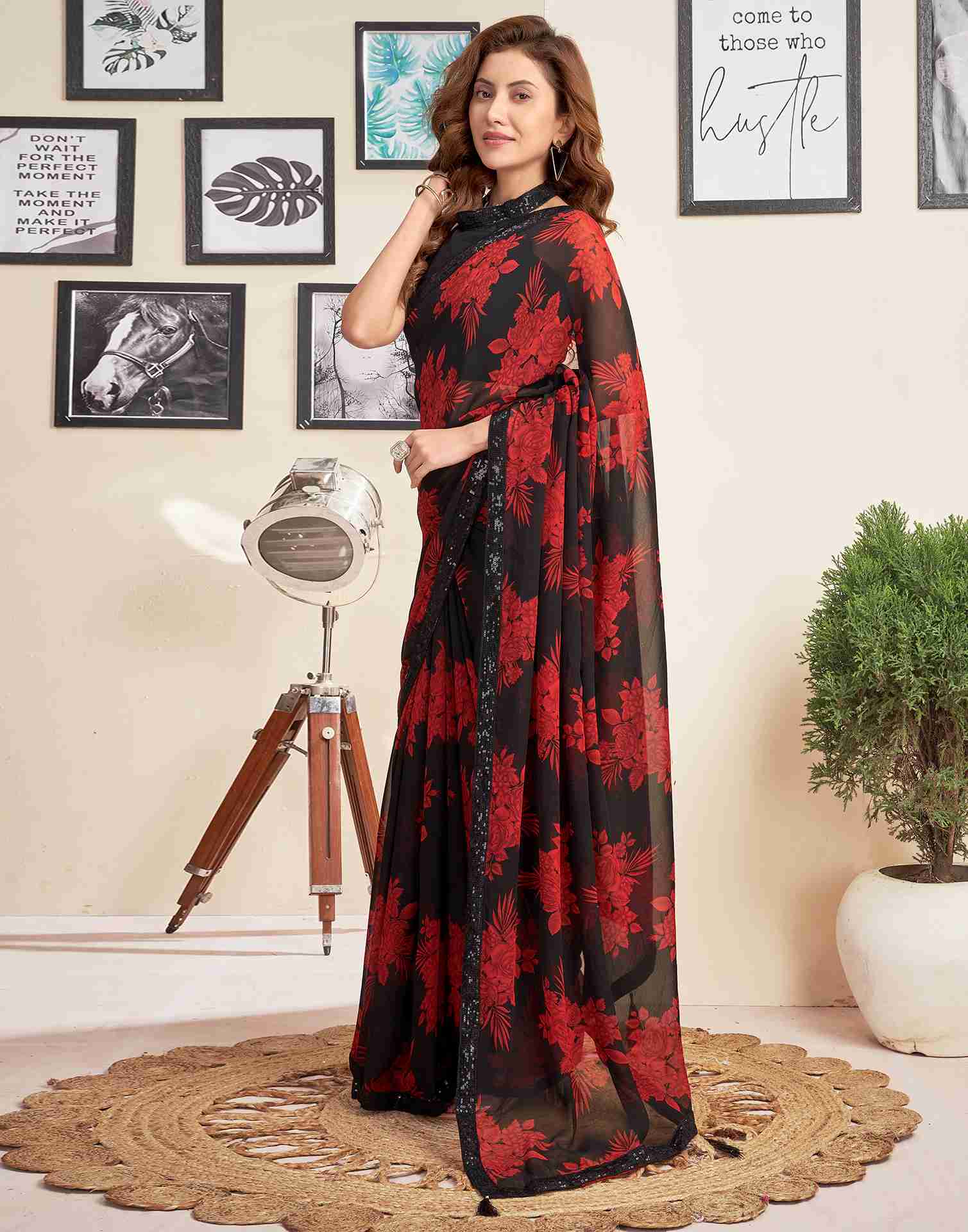 Black Georgette Printed Saree