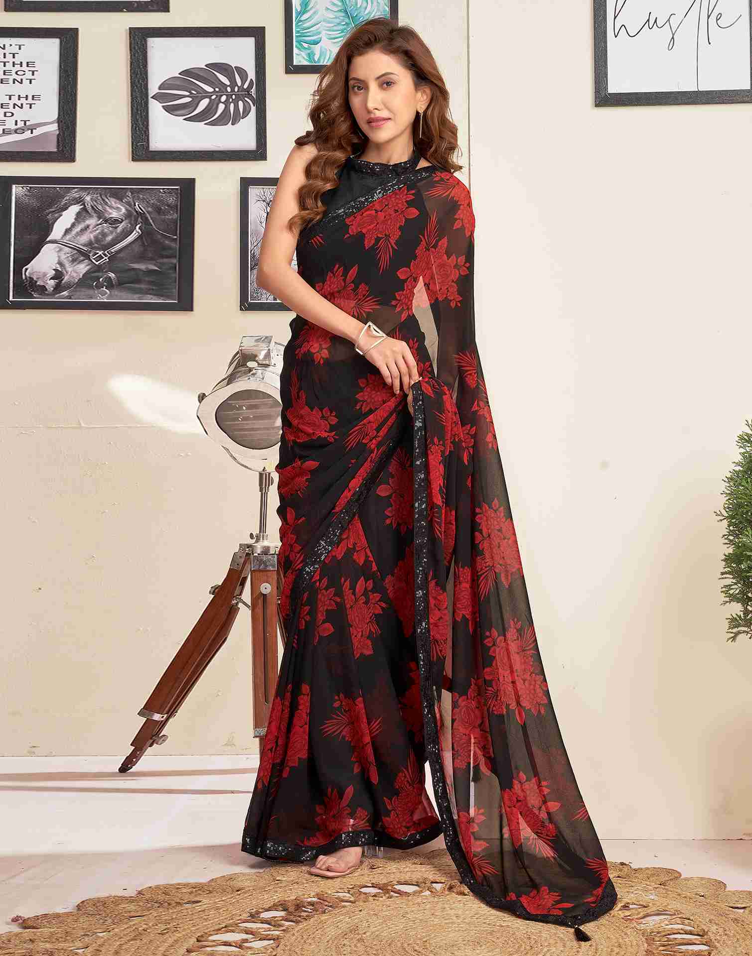 Black Georgette Printed Saree