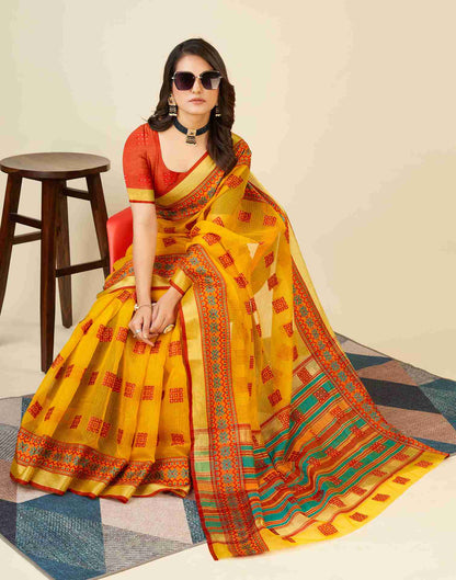 Turmeric Yellow Silk Woven Kota Doria Saree