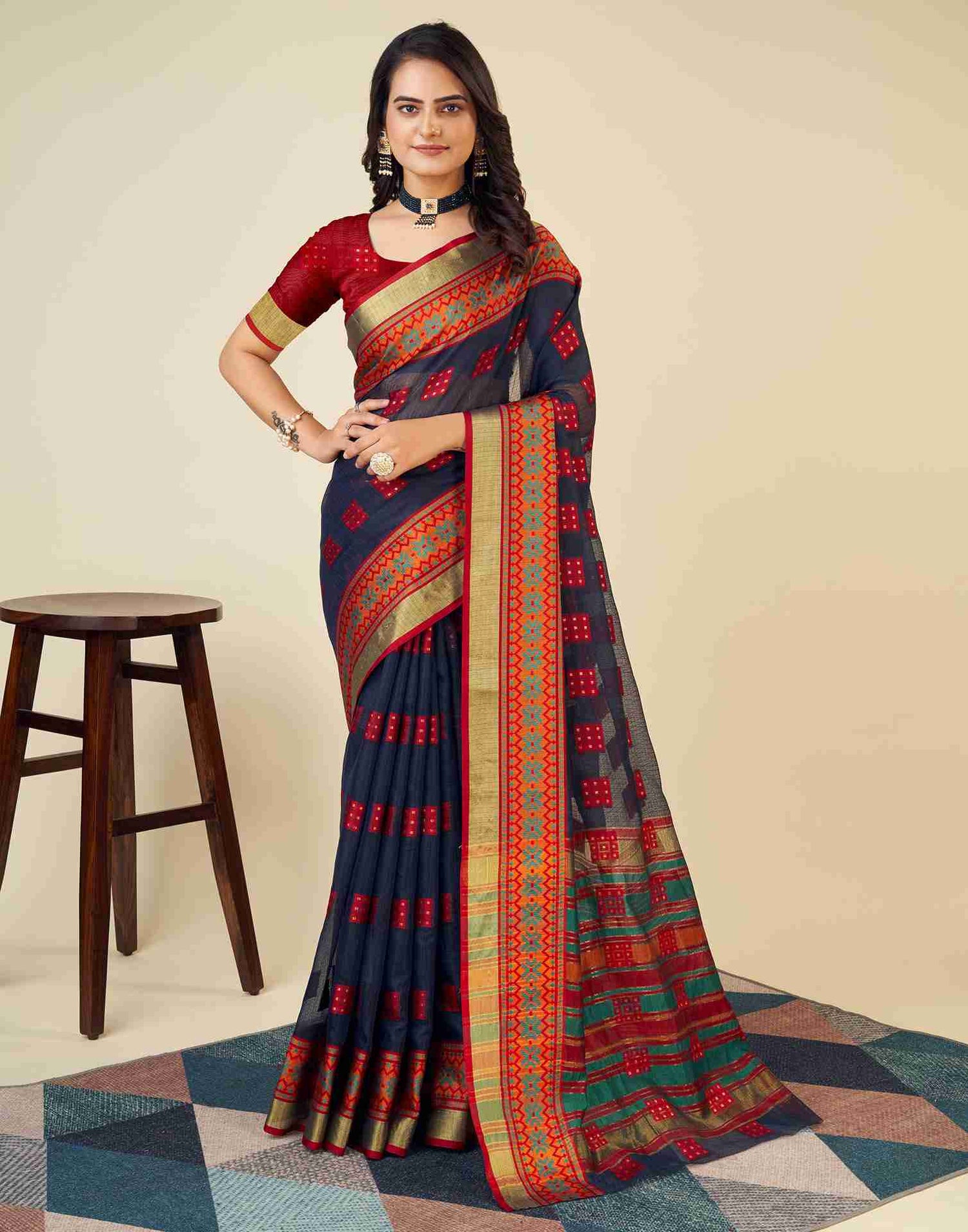 Navy Blue Silk Woven Kota Doria Saree