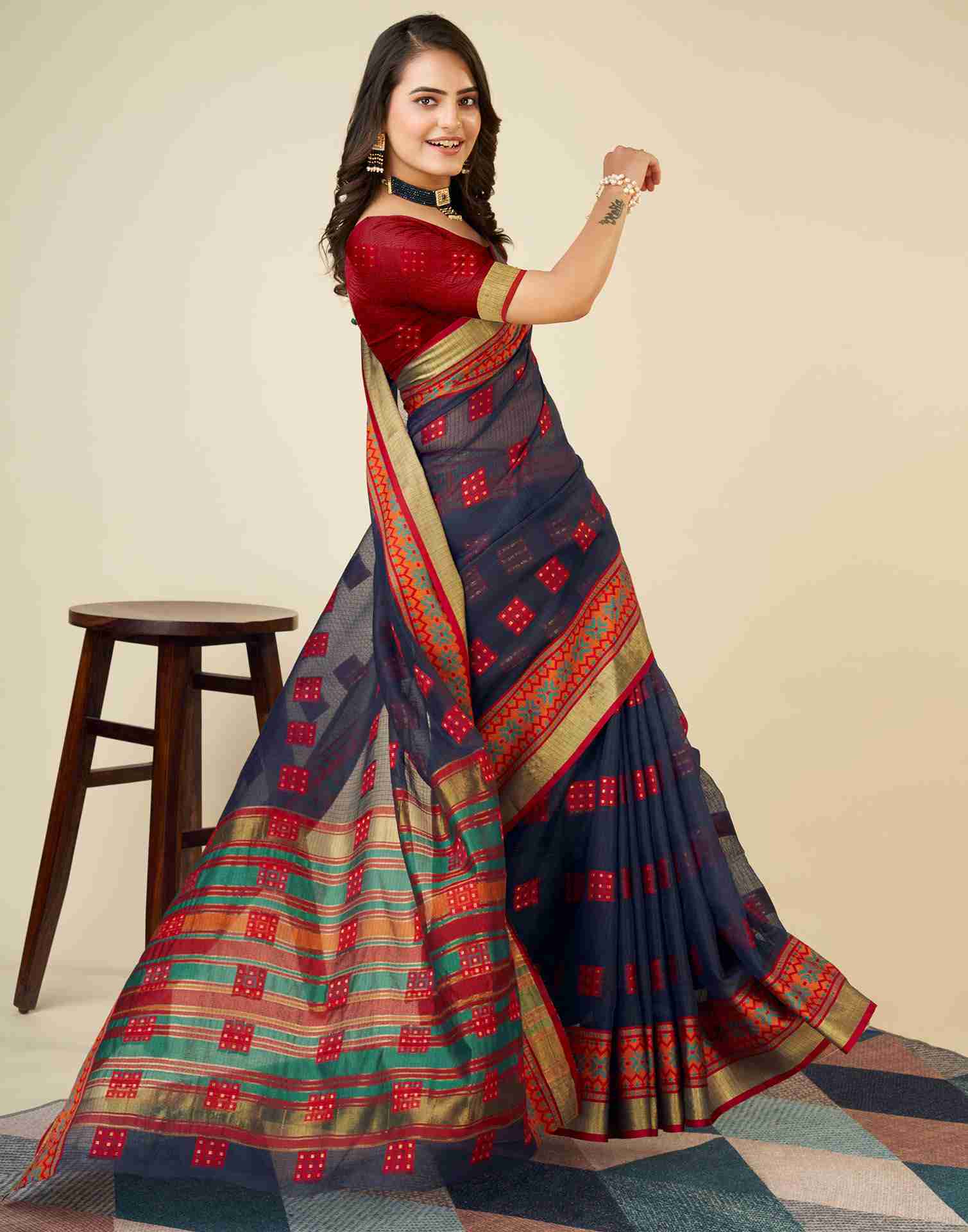 Navy Blue Silk Woven Kota Doria Saree