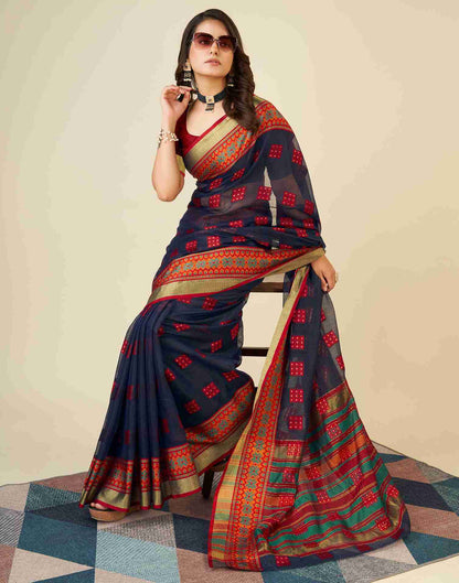 Navy Blue Silk Woven Kota Doria Saree