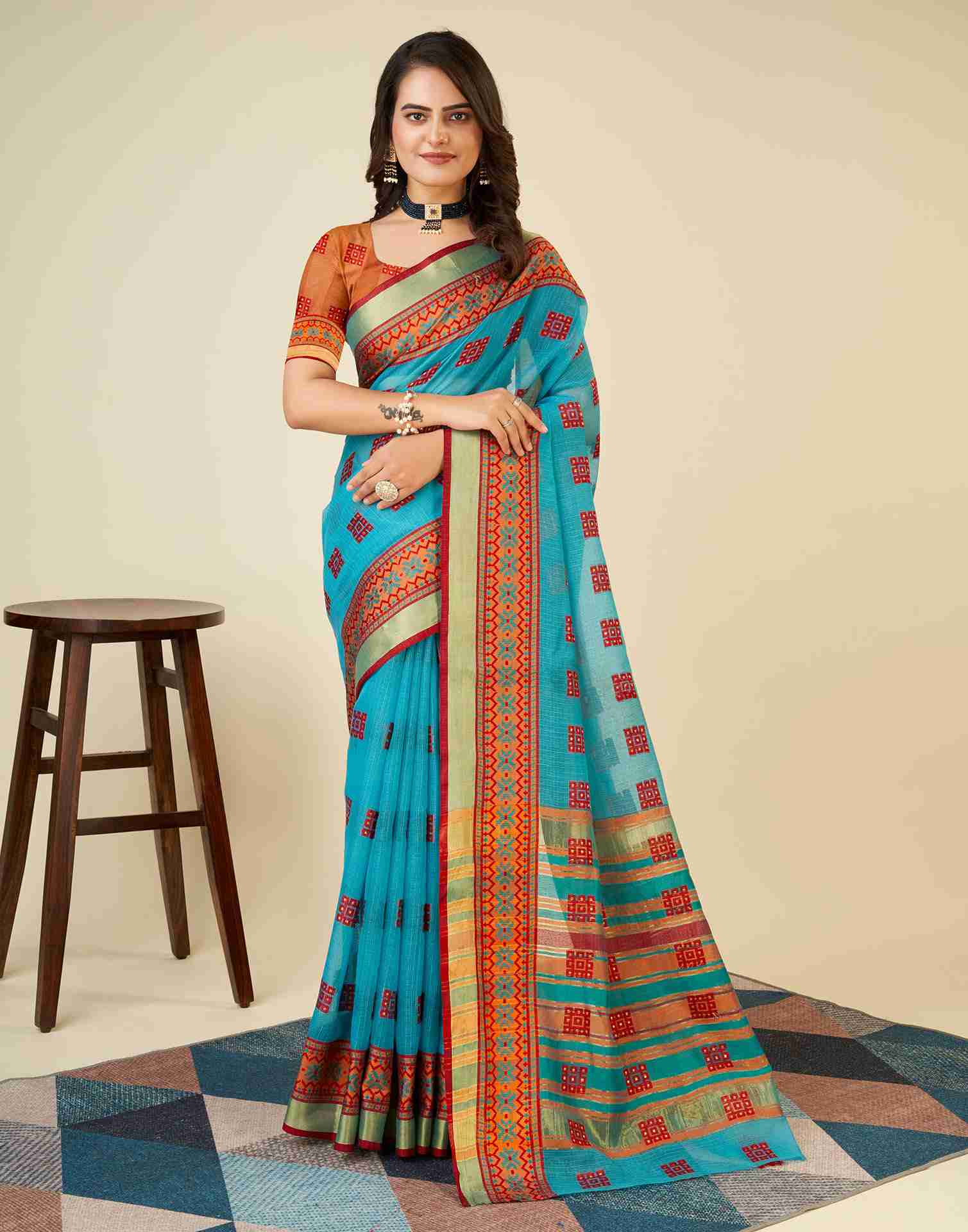 Sky Blue Silk Woven Kota Doria Saree