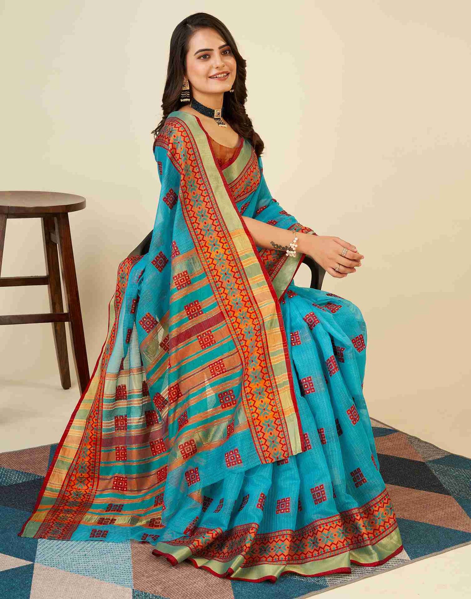 Sky Blue Silk Woven Kota Doria Saree