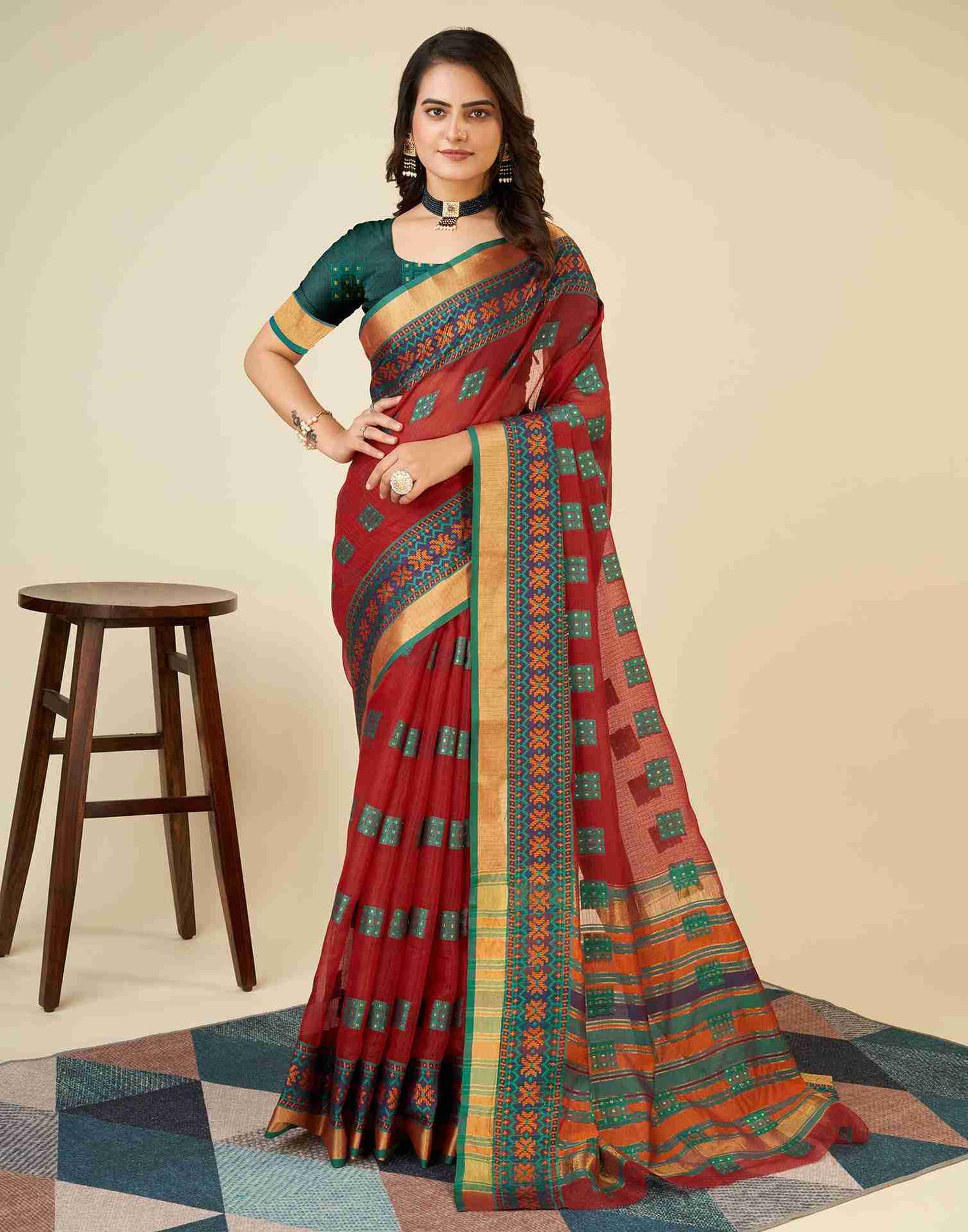 Red Silk Woven Kota Doria Saree