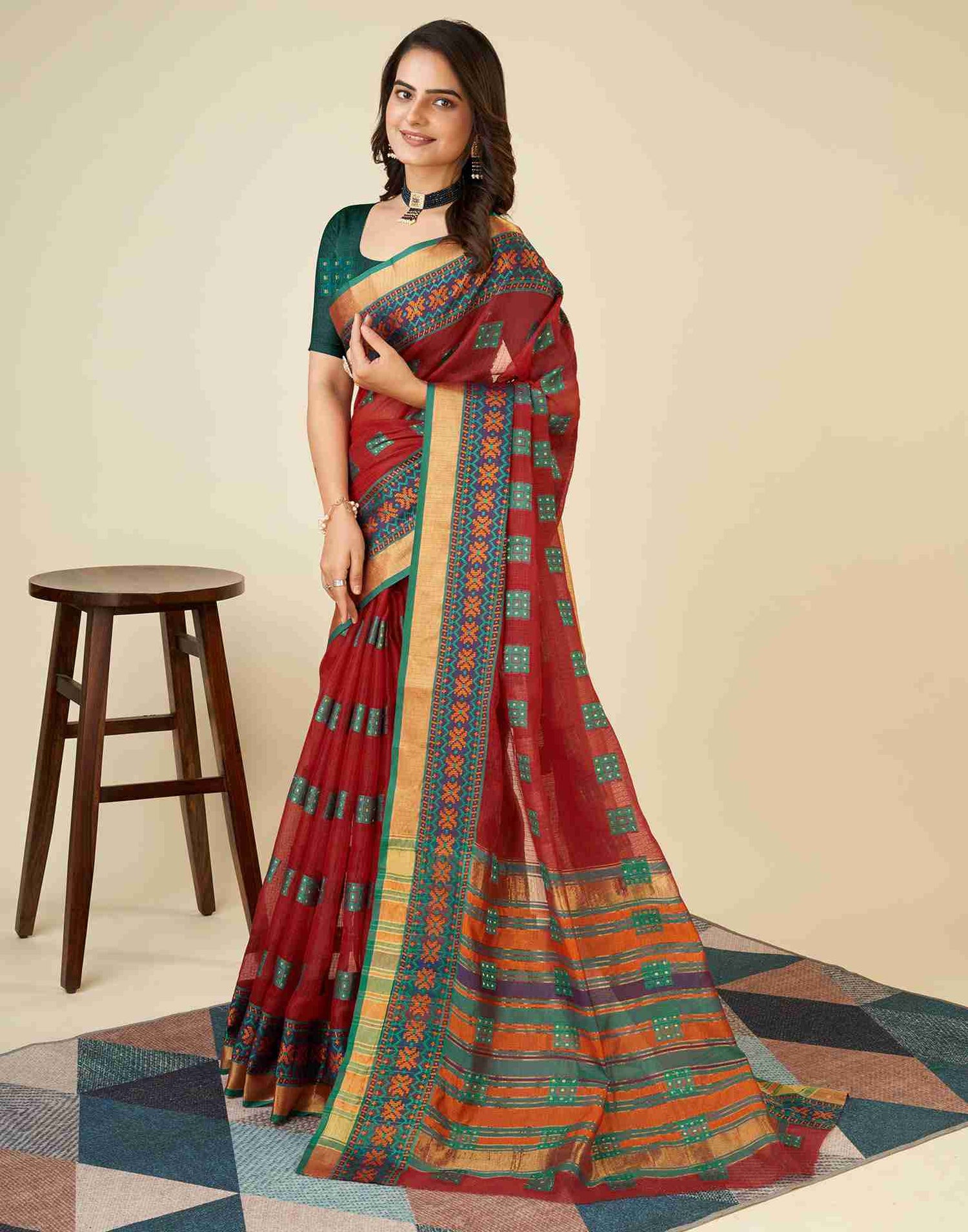 Red Silk Woven Kota Doria Saree