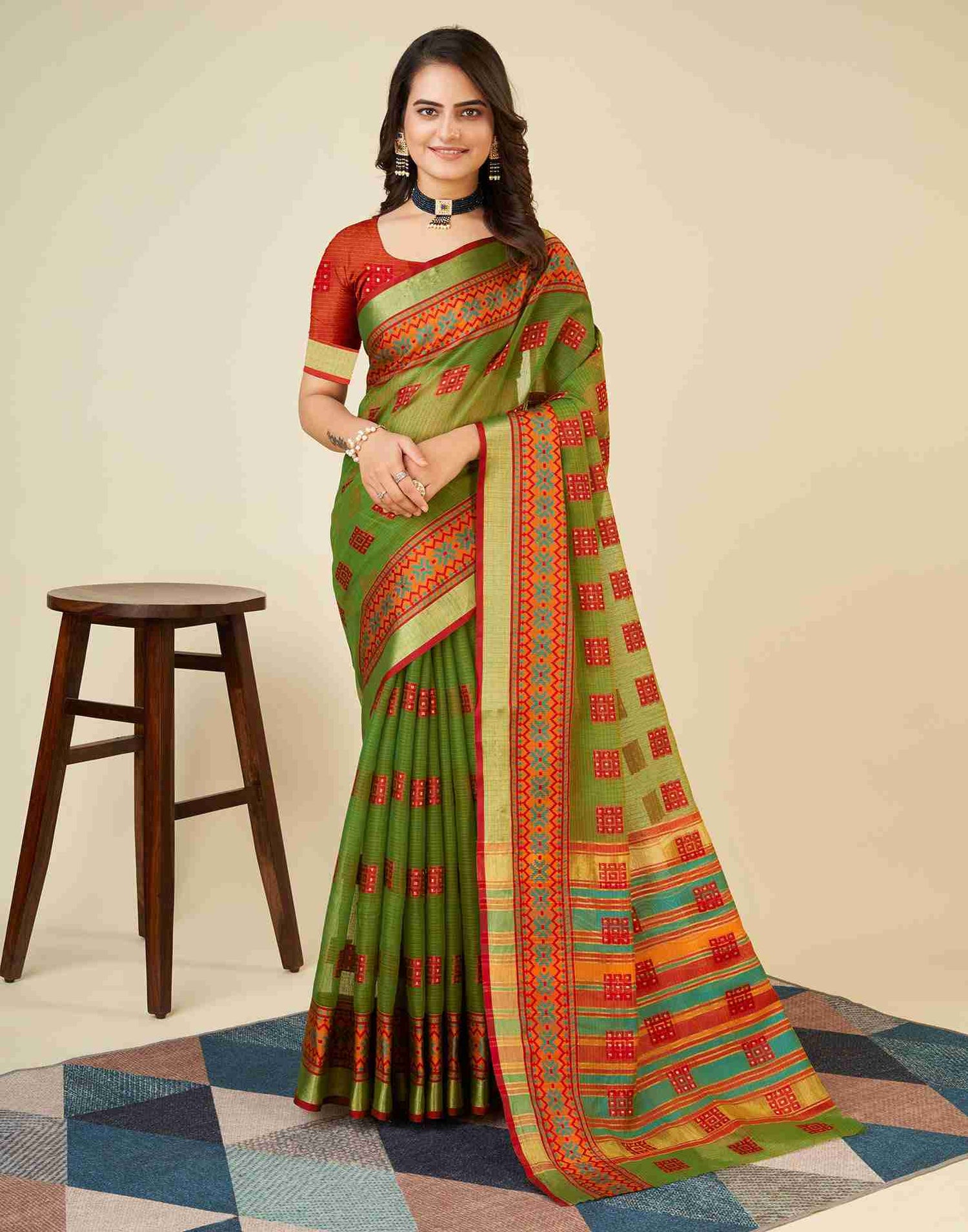 Olive Green Silk Woven Kota Doria Saree