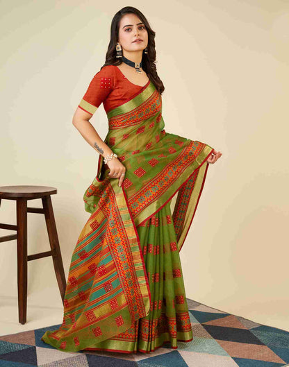 Olive Green Silk Woven Kota Doria Saree