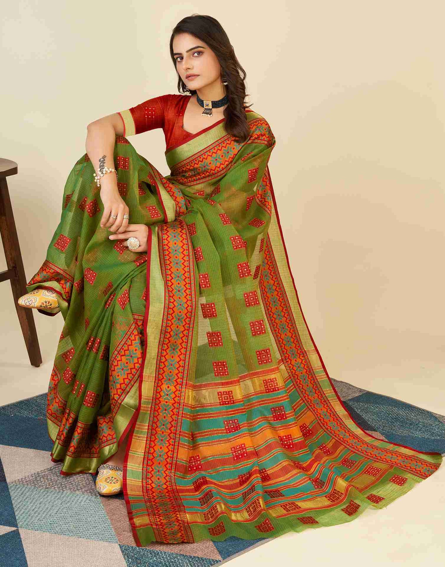 Olive Green Silk Woven Kota Doria Saree