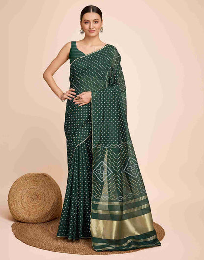 Dark Green Cotton Printed Bandhani Saree