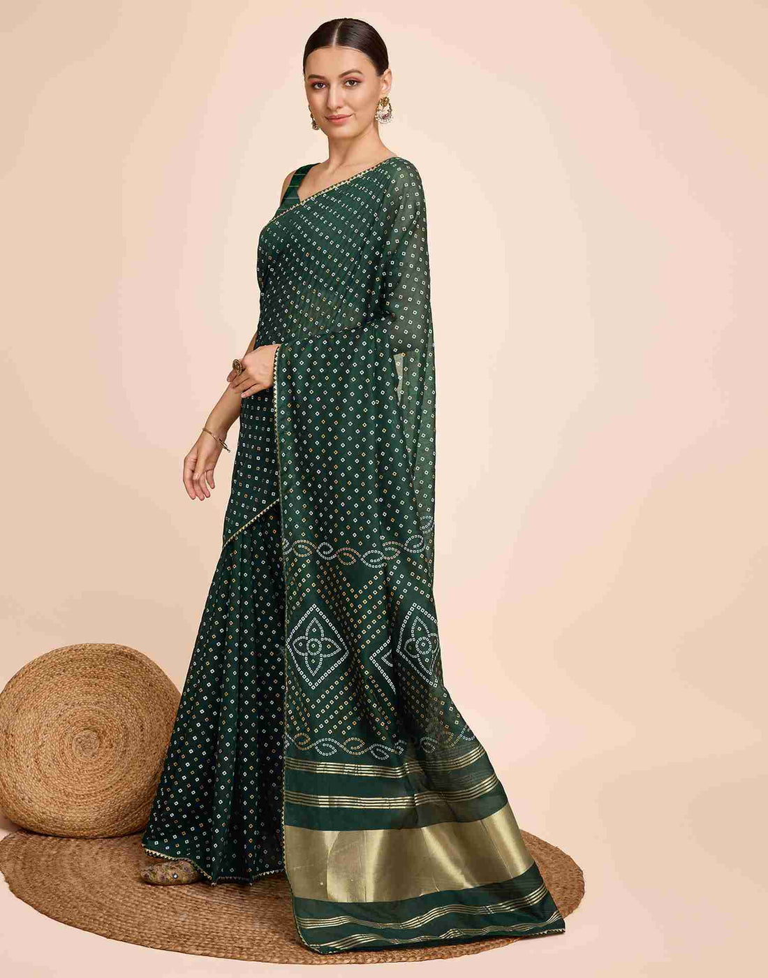 Dark Green Cotton Printed Bandhani Saree