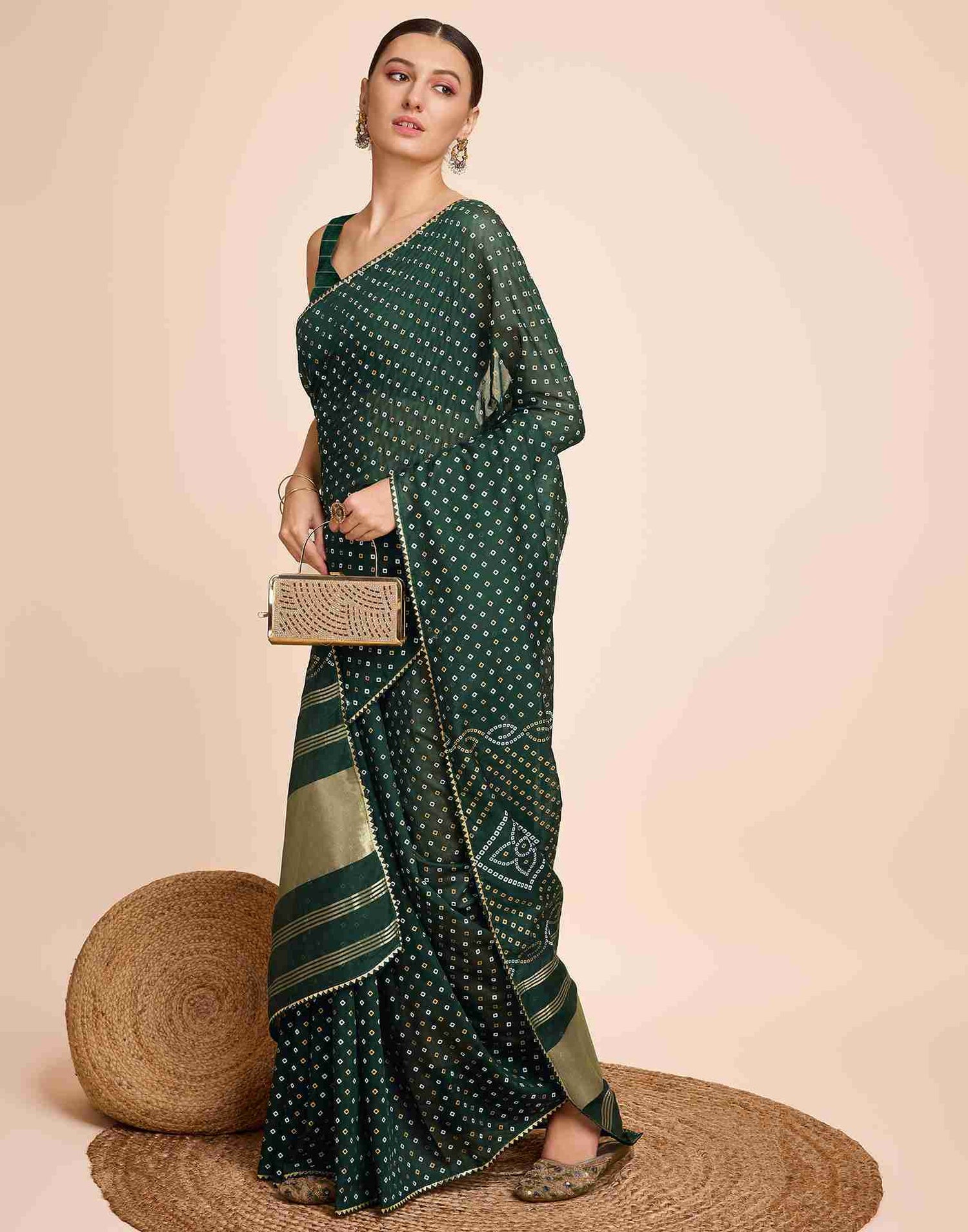 Dark Green Cotton Printed Bandhani Saree