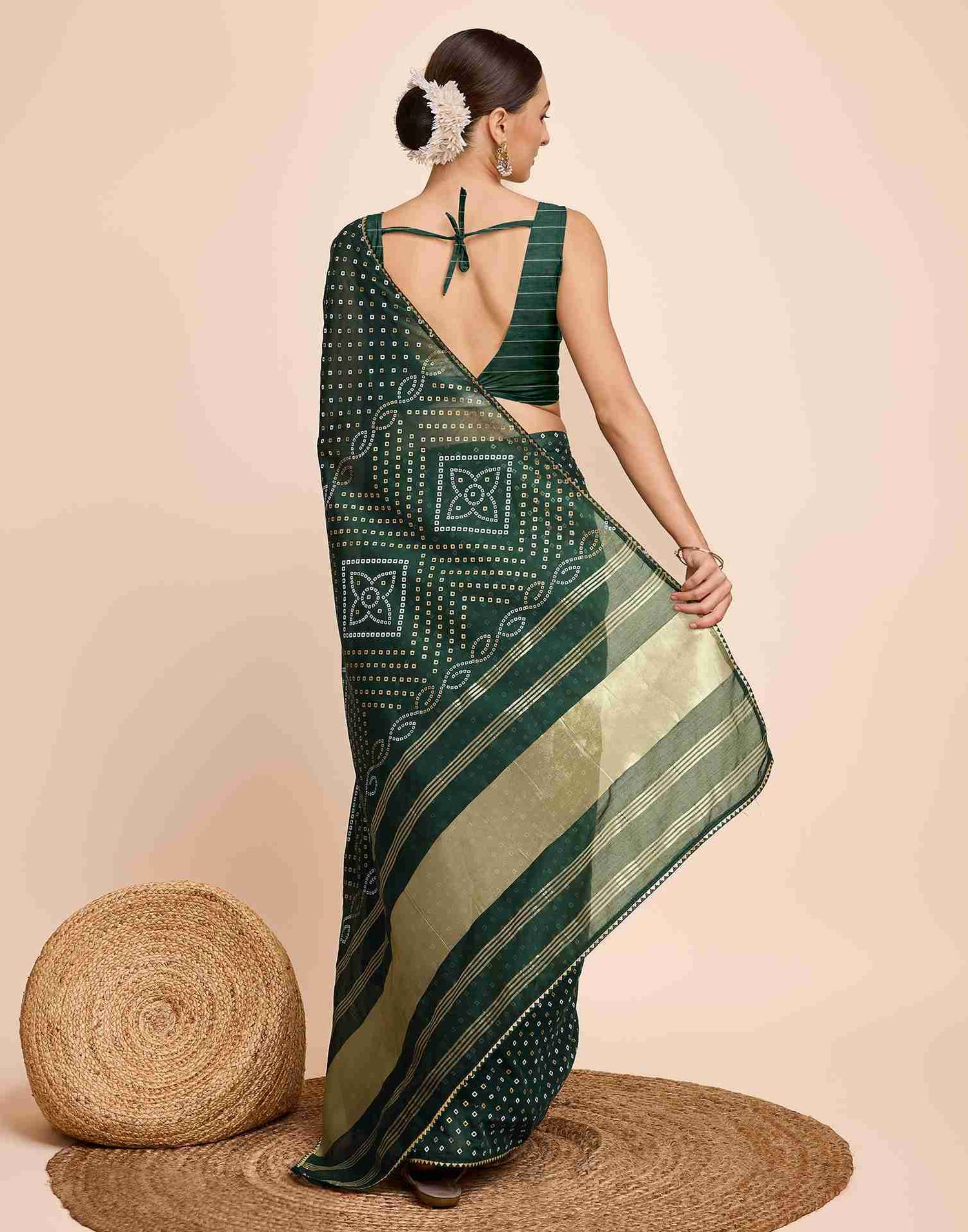 Dark Green Cotton Printed Bandhani Saree