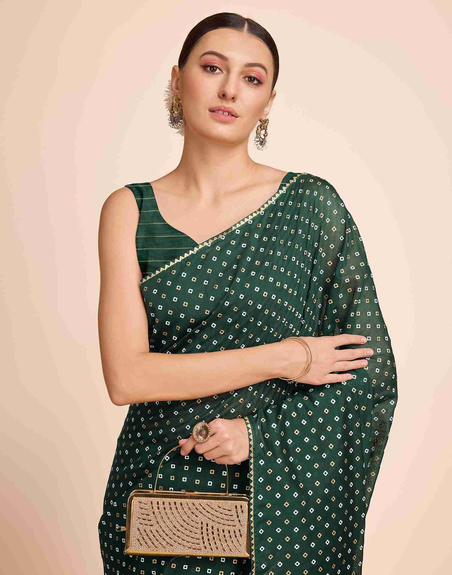 Dark Green Cotton Printed Bandhani Saree