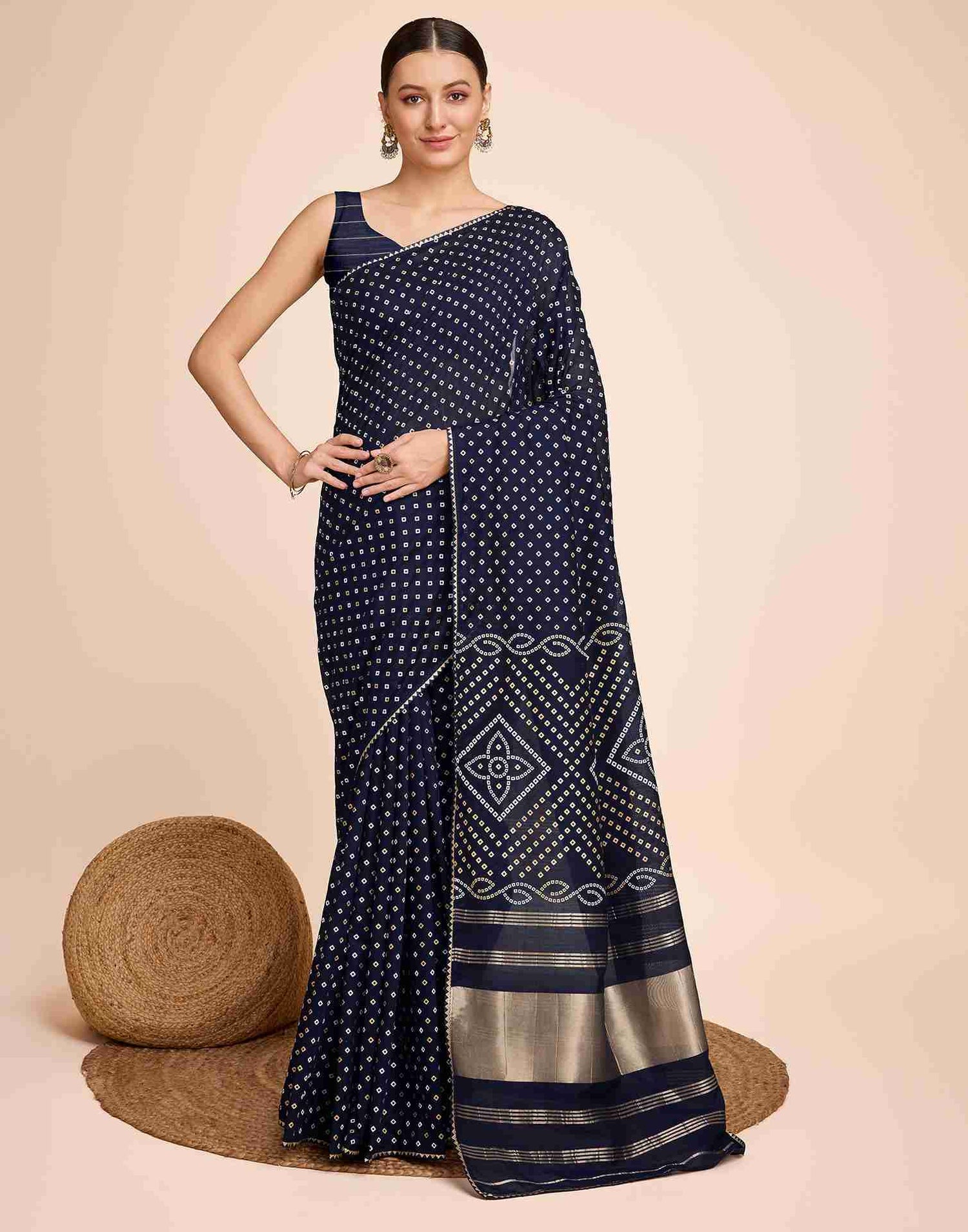 Navy Blue Cotton Printed Bandhani Saree