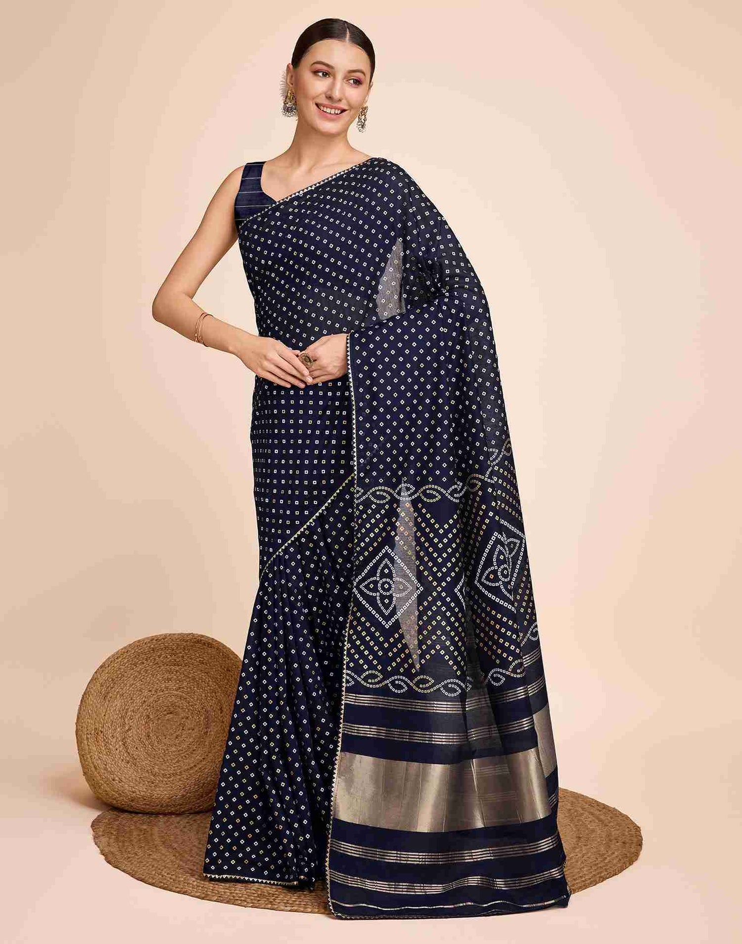 Navy Blue Cotton Printed Bandhani Saree