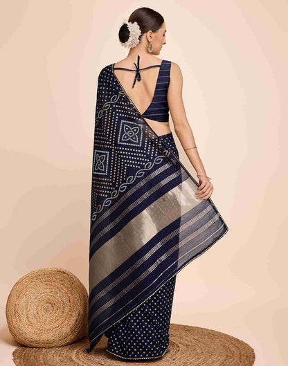 Navy Blue Cotton Printed Bandhani Saree