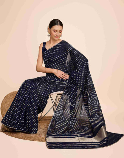 Navy Blue Cotton Printed Bandhani Saree