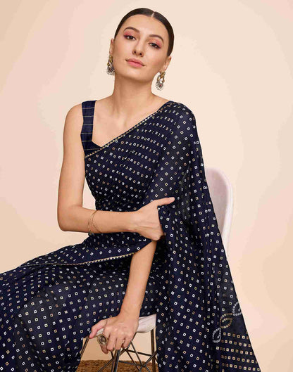 Navy Blue Cotton Printed Bandhani Saree