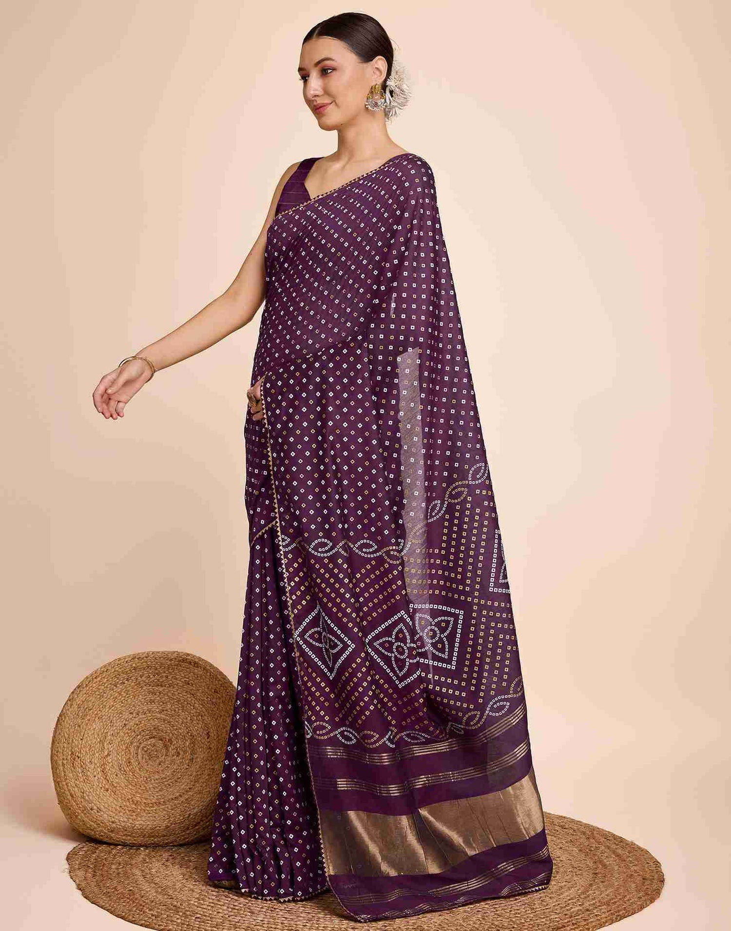 Wine Cotton Printed Bandhani Saree