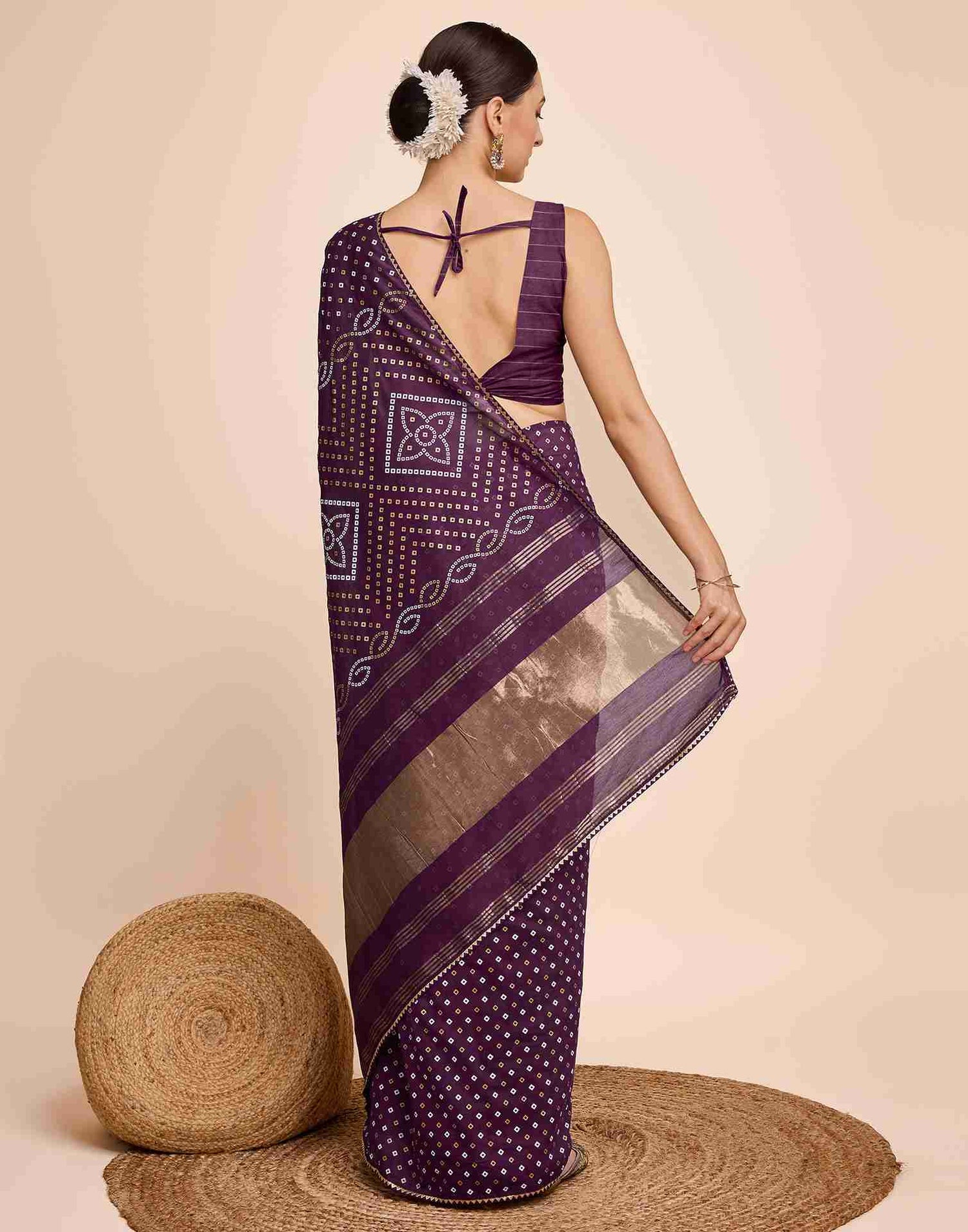 Wine Cotton Printed Bandhani Saree