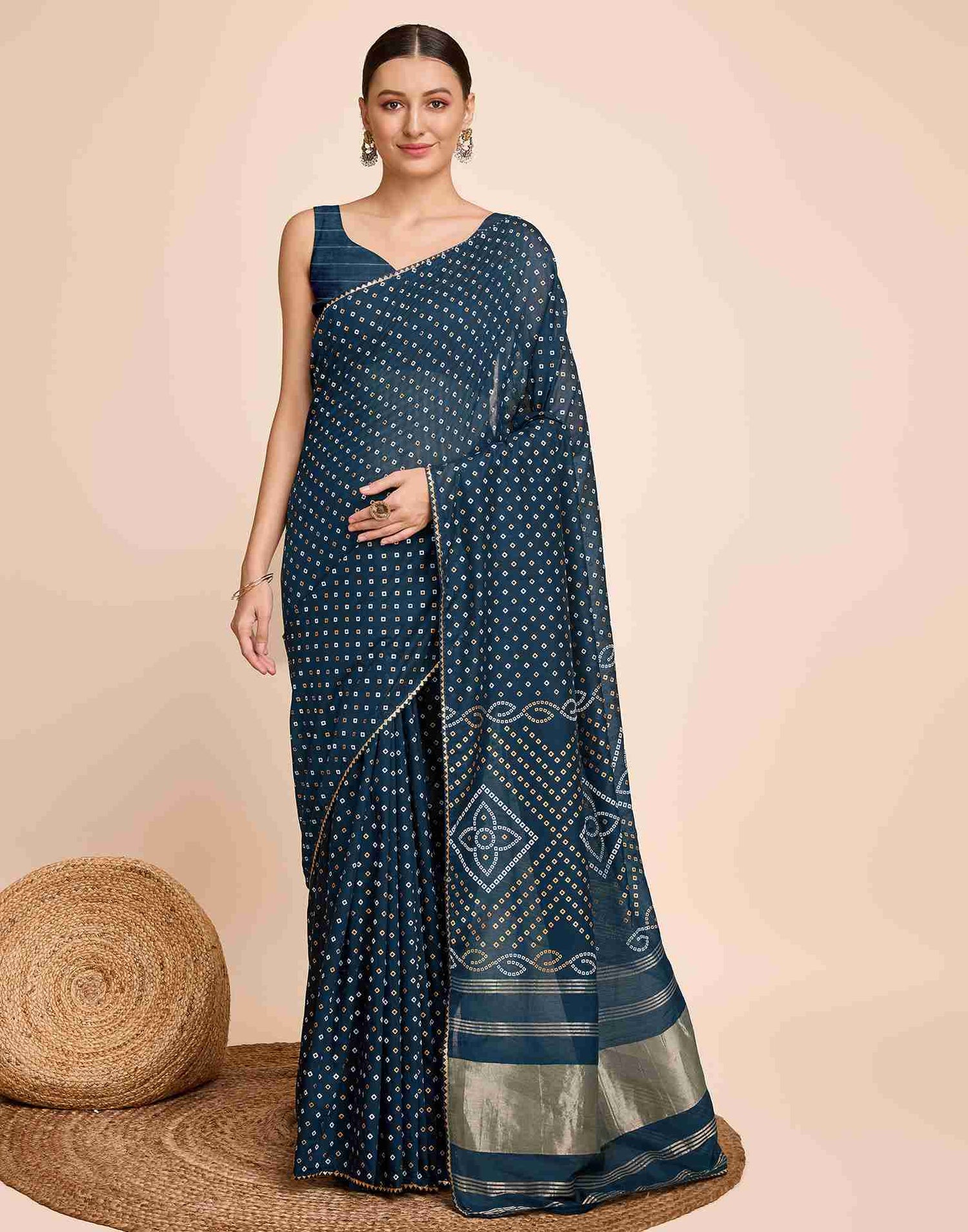 Rama Blue Cotton Printed Bandhani Saree