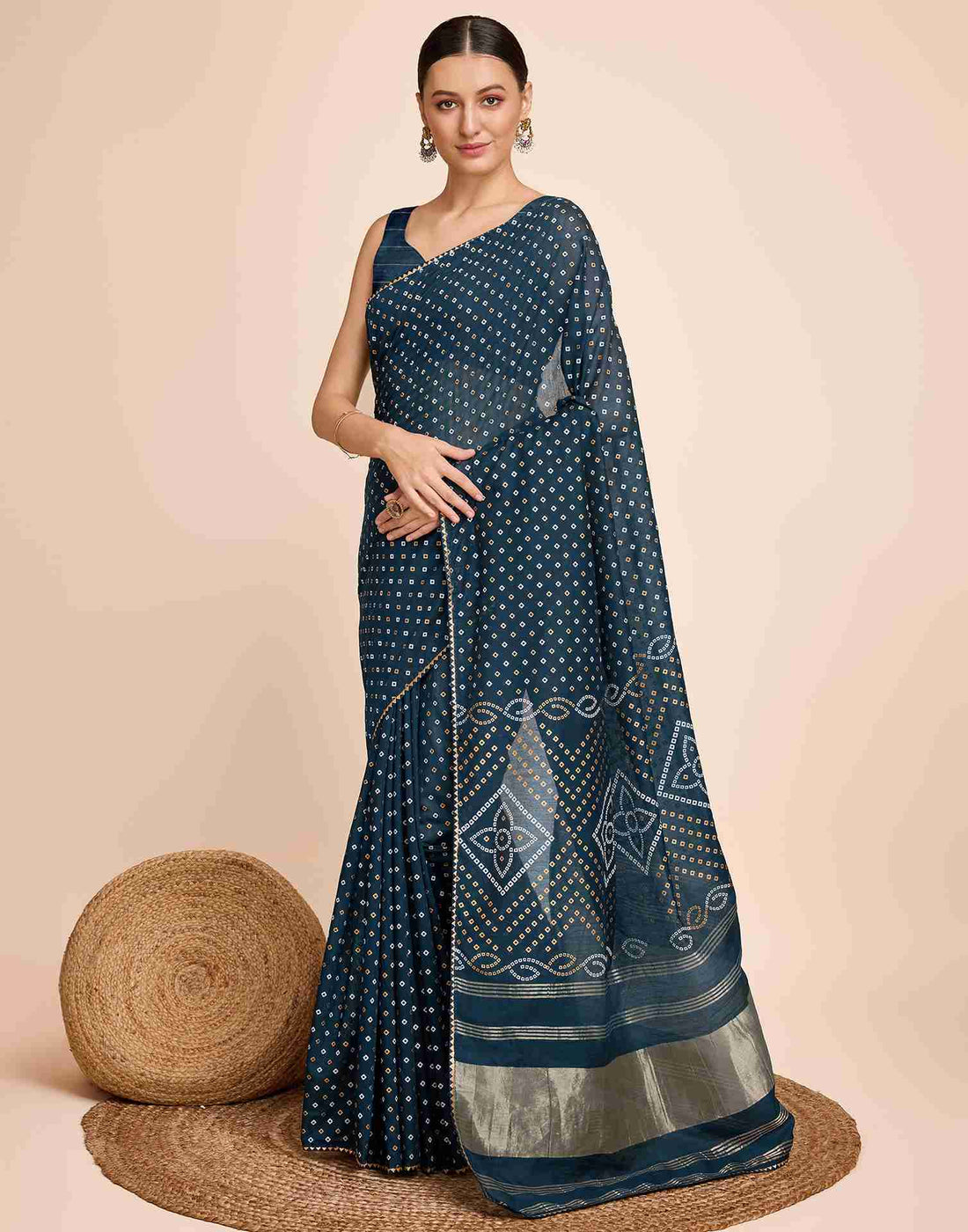 Rama Blue Cotton Printed Bandhani Saree