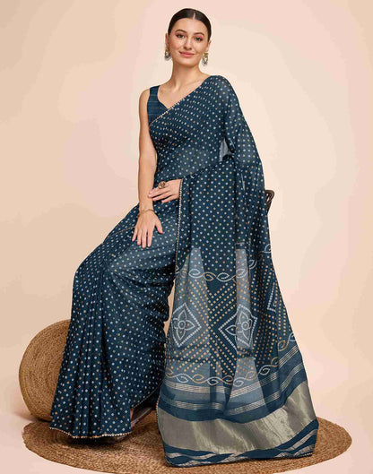 Rama Blue Cotton Printed Bandhani Saree