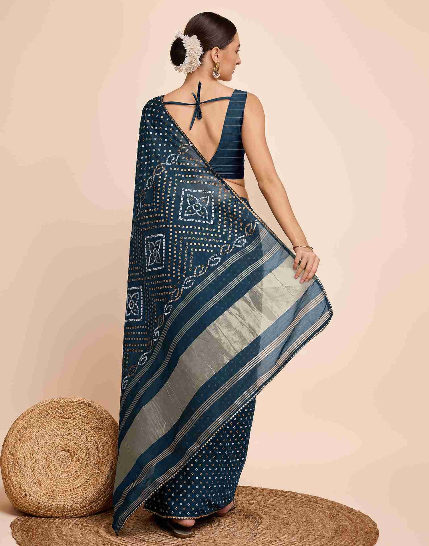 Rama Blue Cotton Printed Bandhani Saree