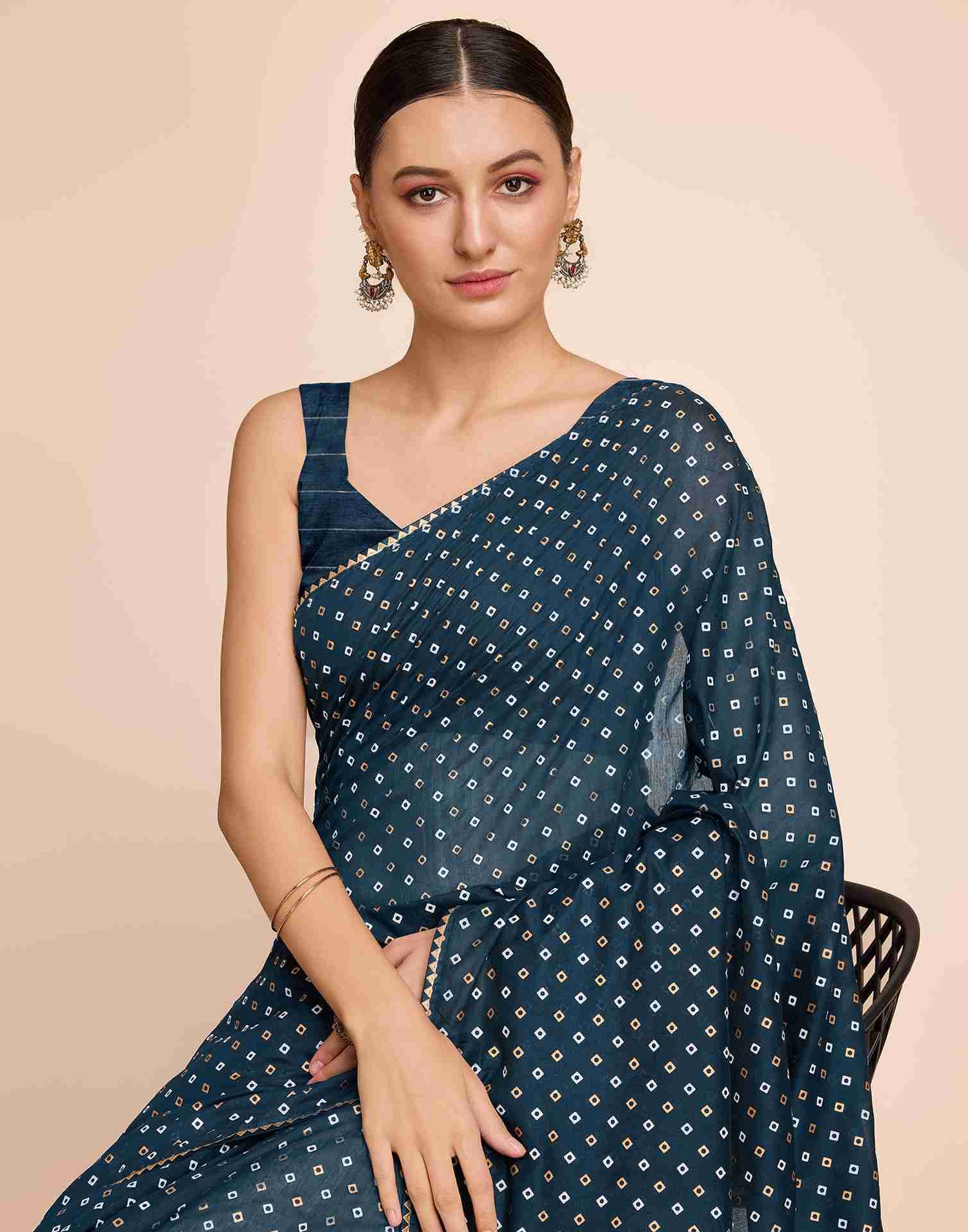 Rama Blue Cotton Printed Bandhani Saree