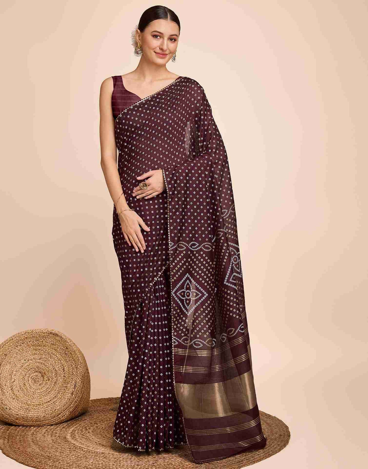 Maroon Cotton Printed Bandhani Saree