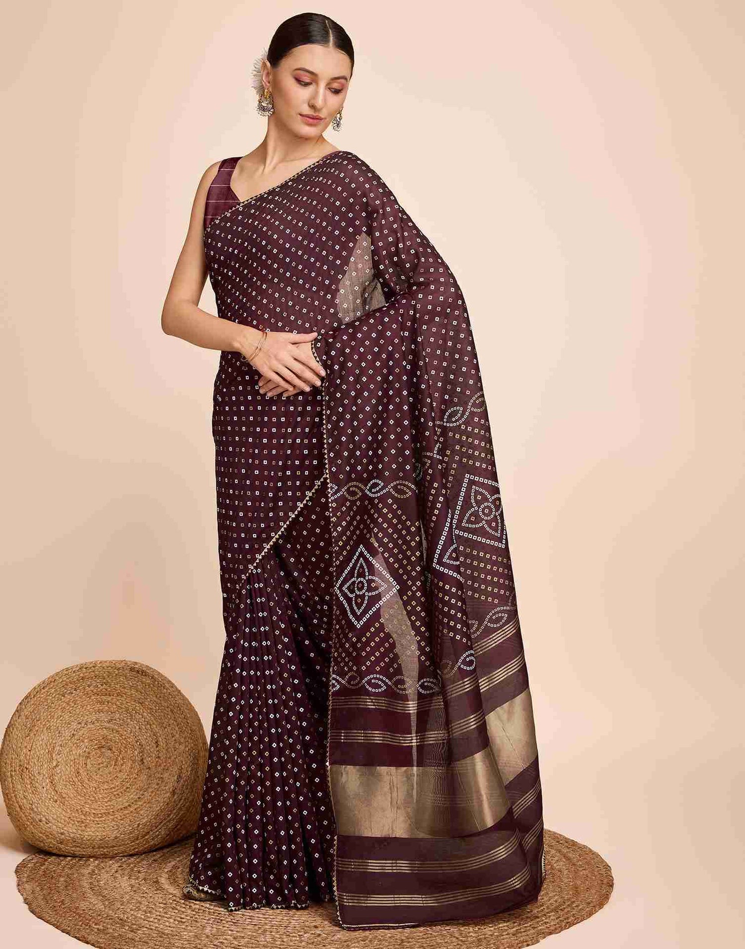 Maroon Cotton Printed Bandhani Saree