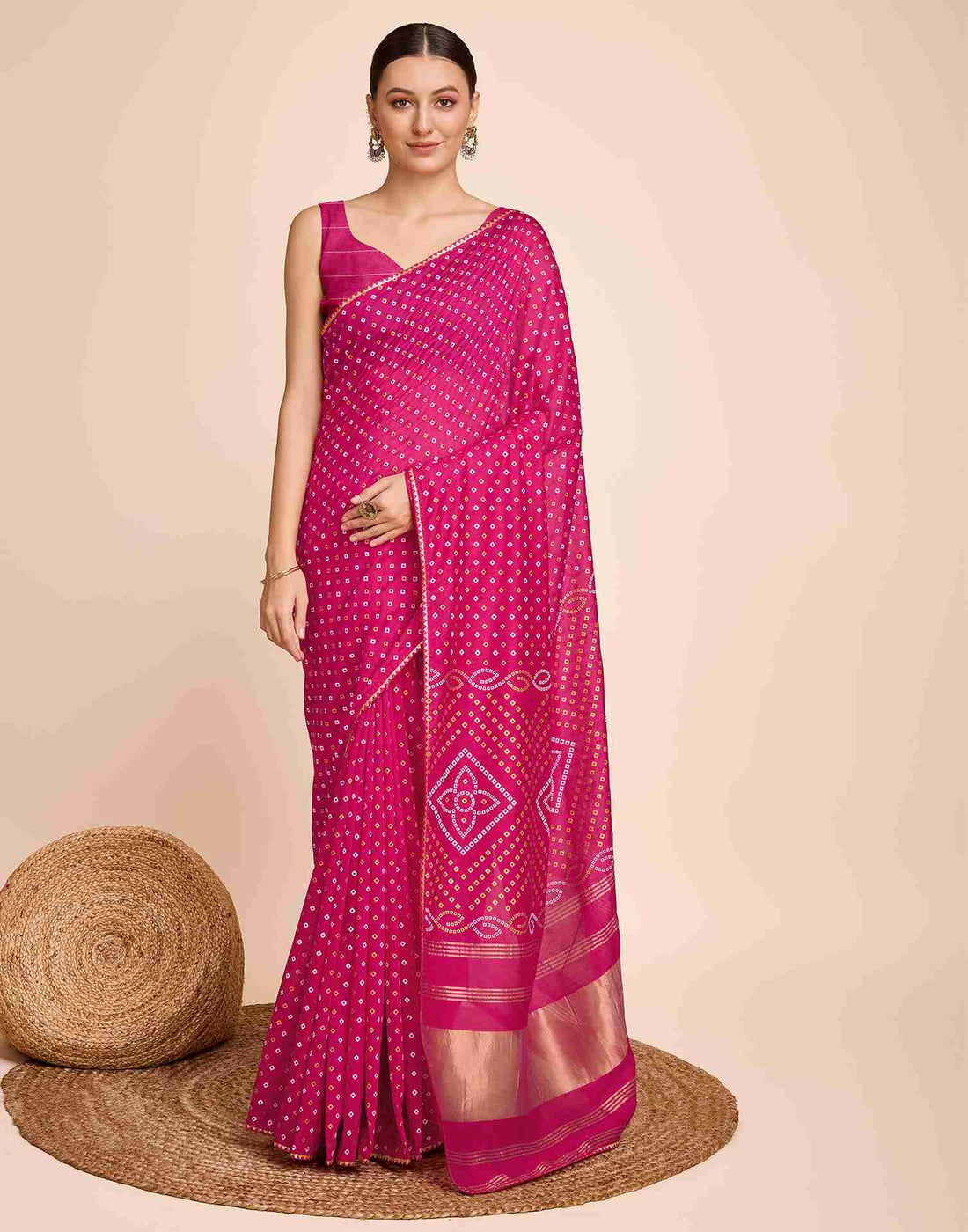 Rani Pink Cotton Printed Bandhani Saree