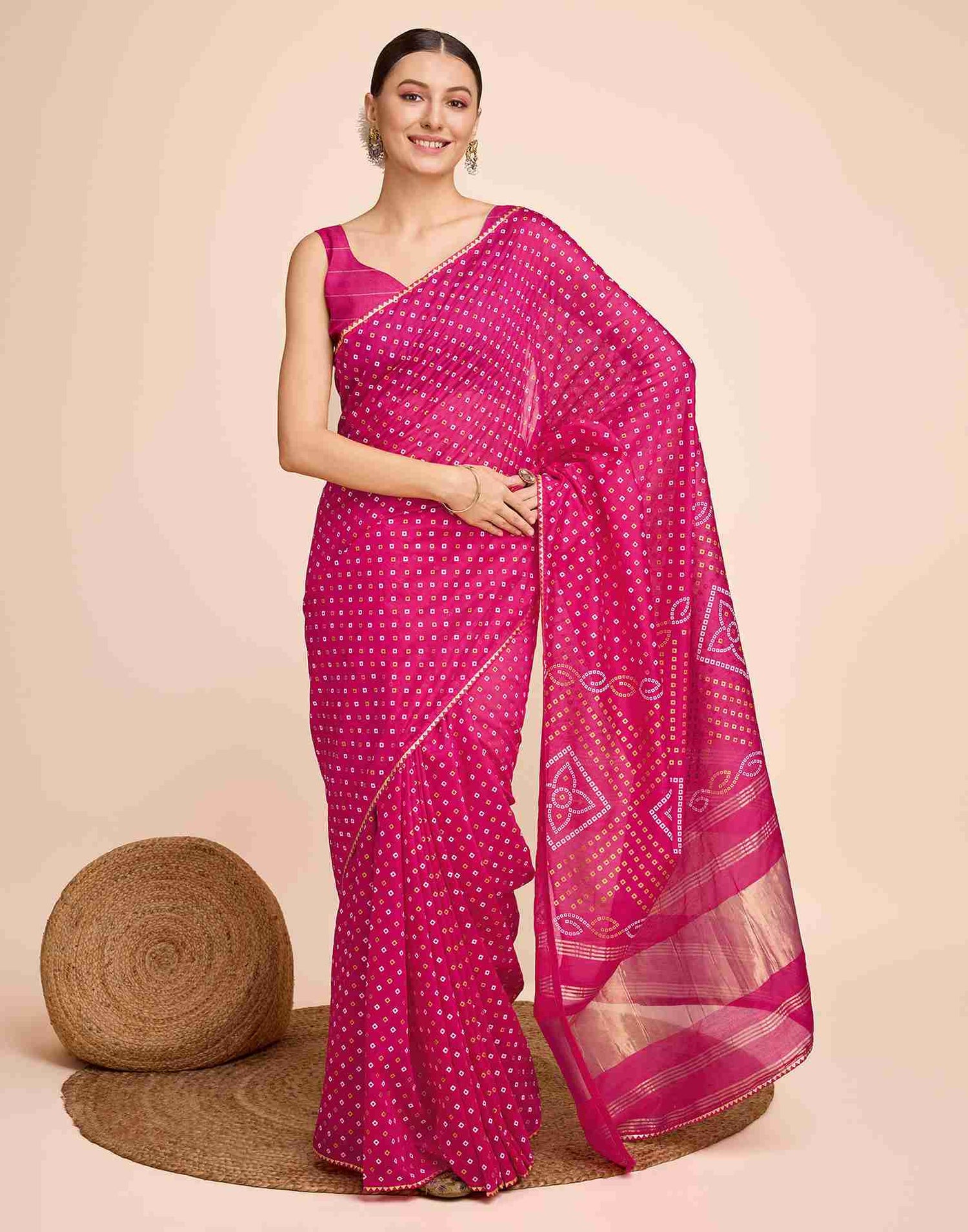 Rani Pink Cotton Printed Bandhani Saree