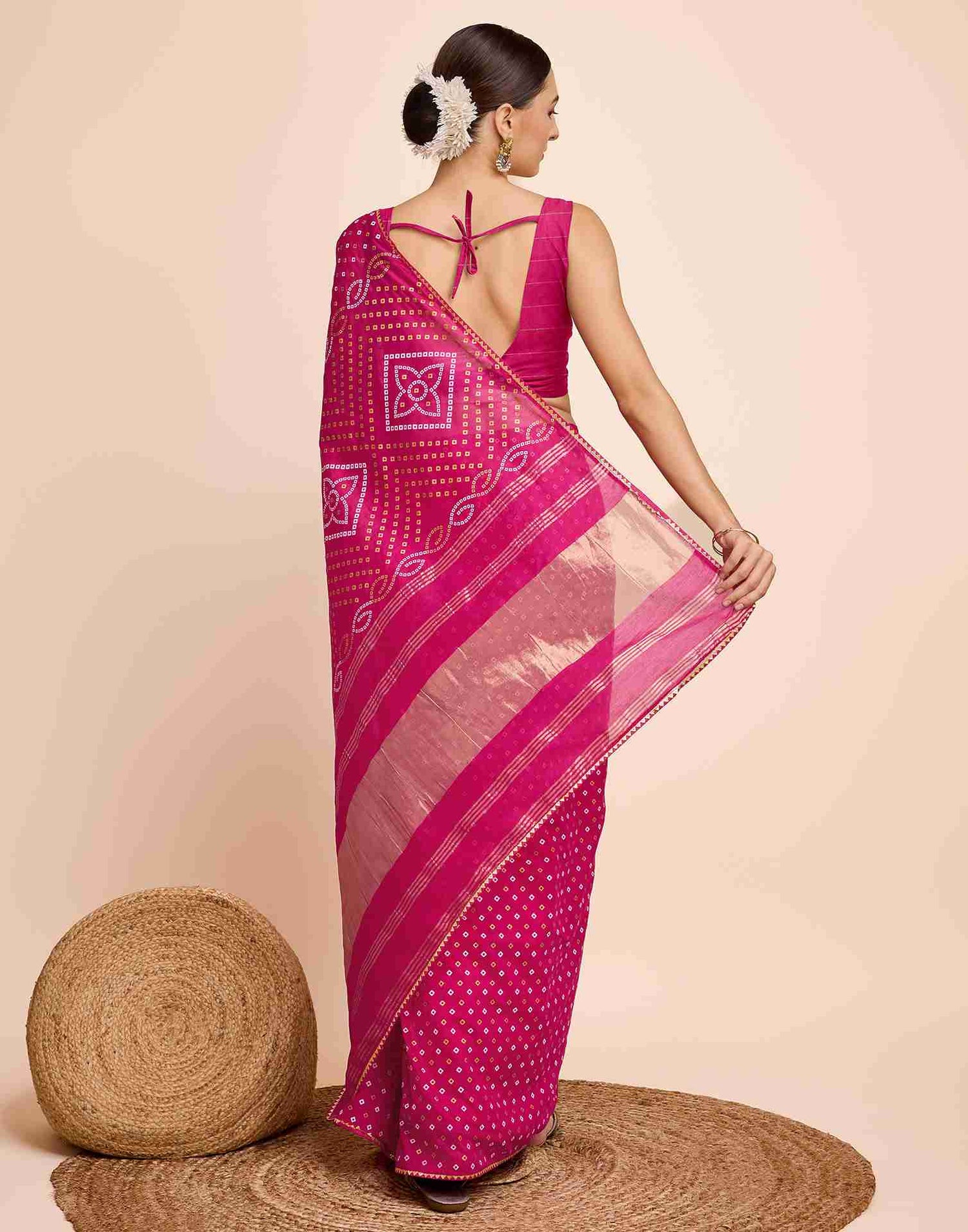 Rani Pink Cotton Printed Bandhani Saree