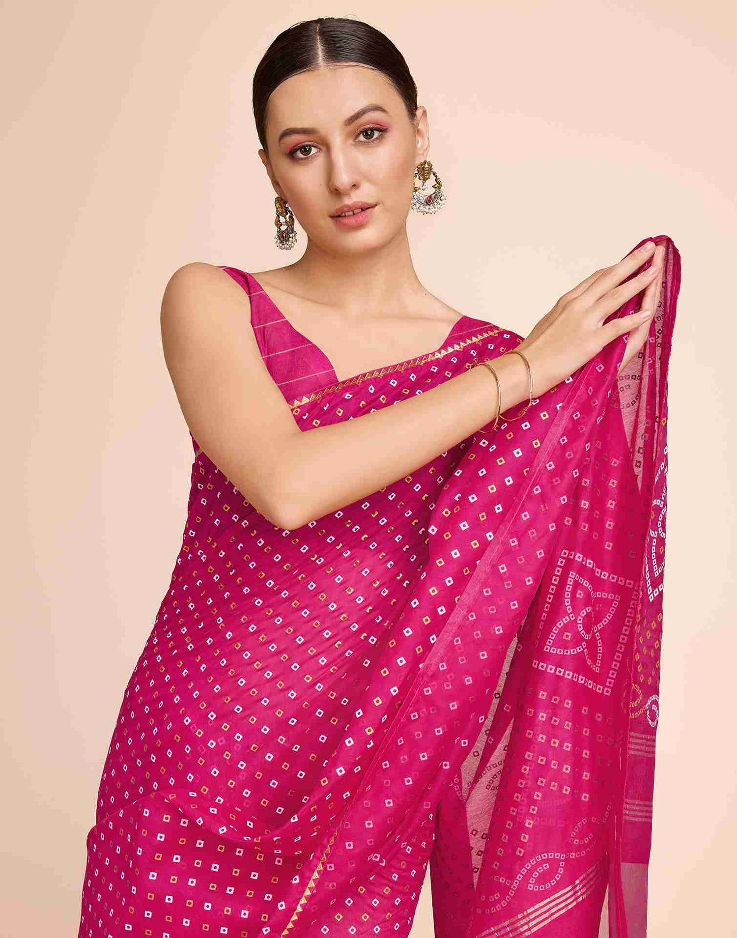 Rani Pink Cotton Printed Bandhani Saree