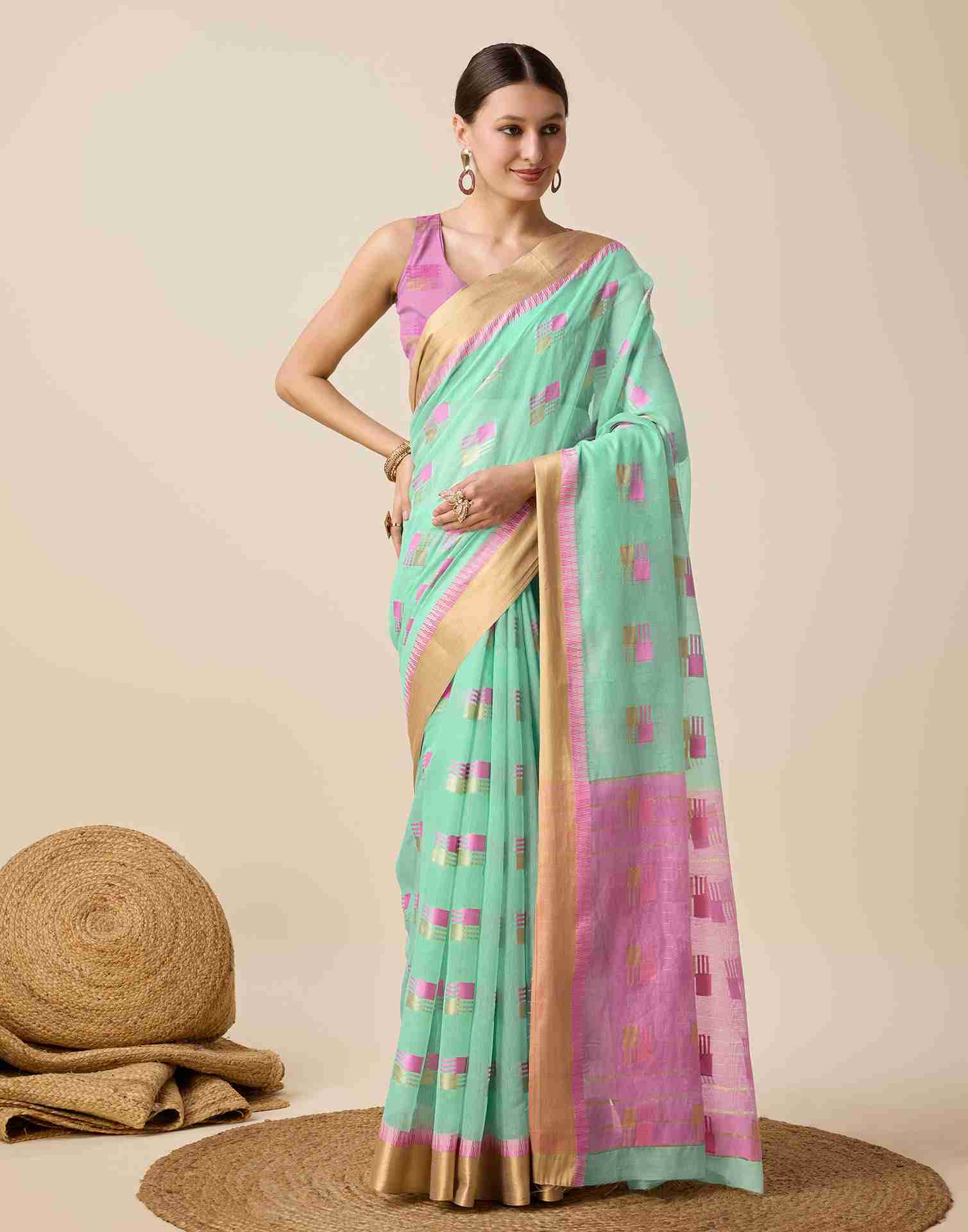 Mint Green Cotton Woven Weaving Saree