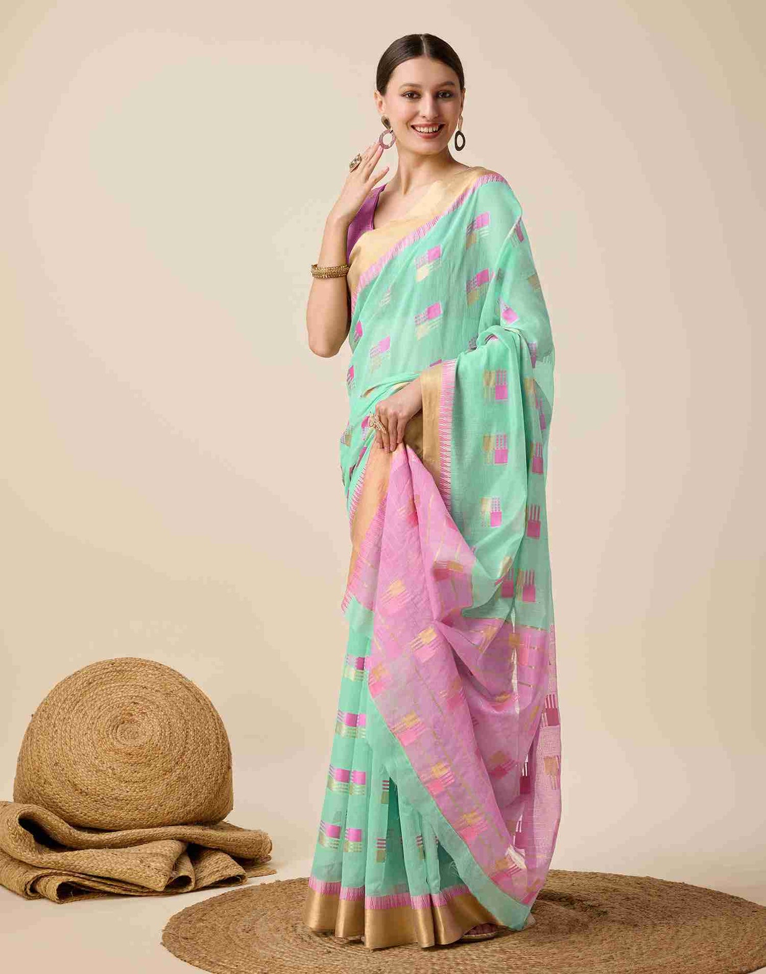 Mint Green Cotton Woven Weaving Saree