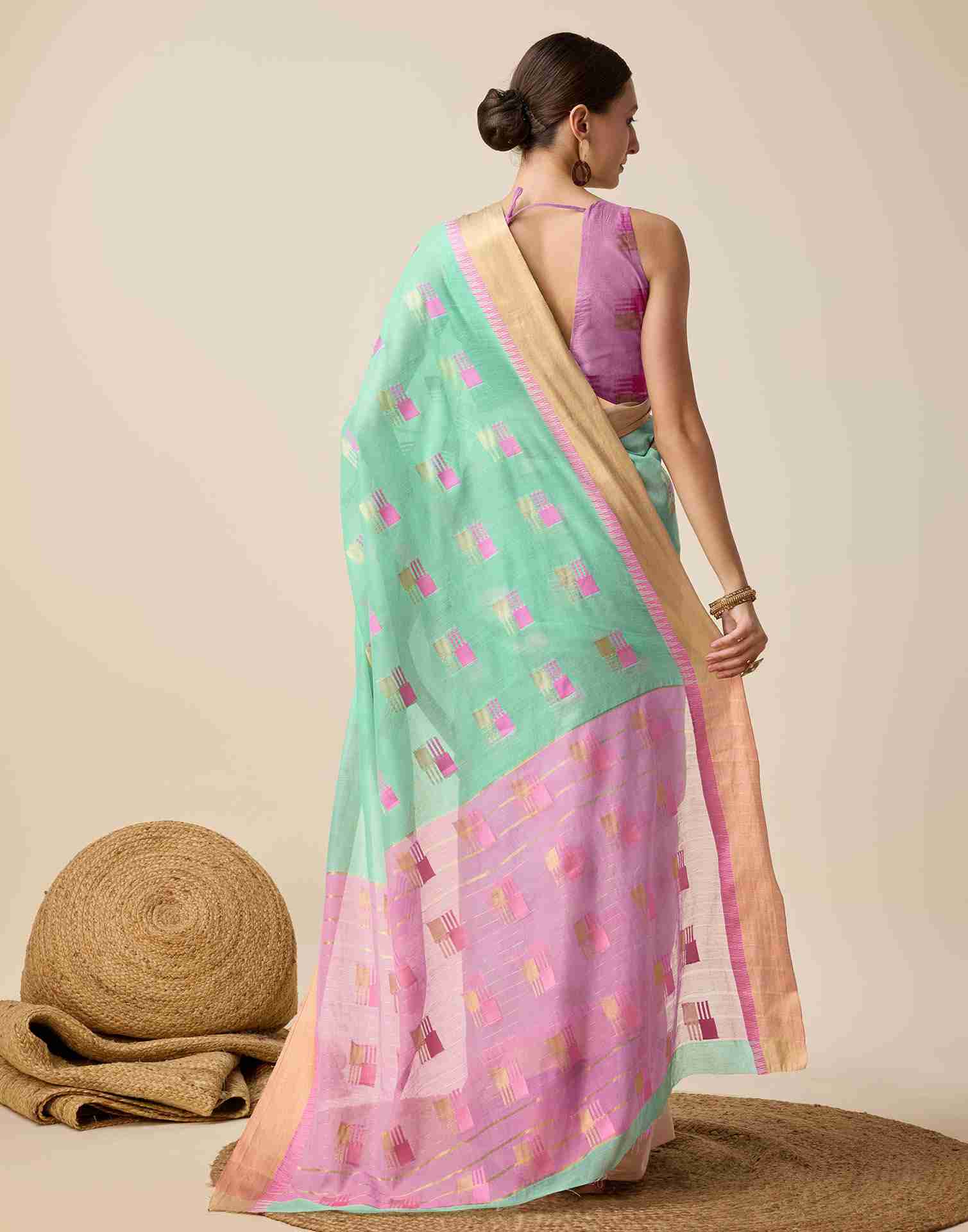 Mint Green Cotton Woven Weaving Saree