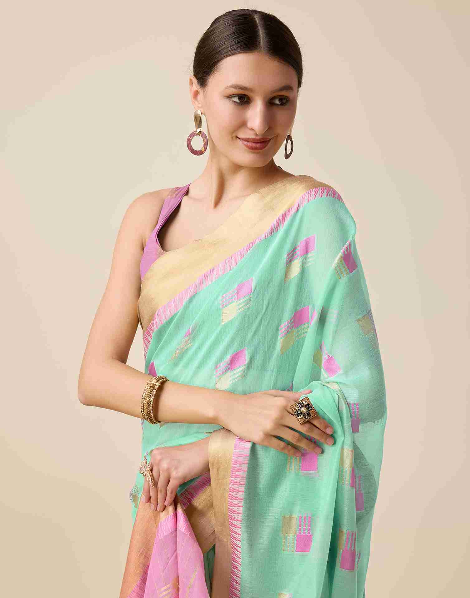 Mint Green Cotton Woven Weaving Saree