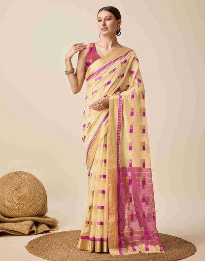 Dark Cream Cotton Woven Weaving Saree