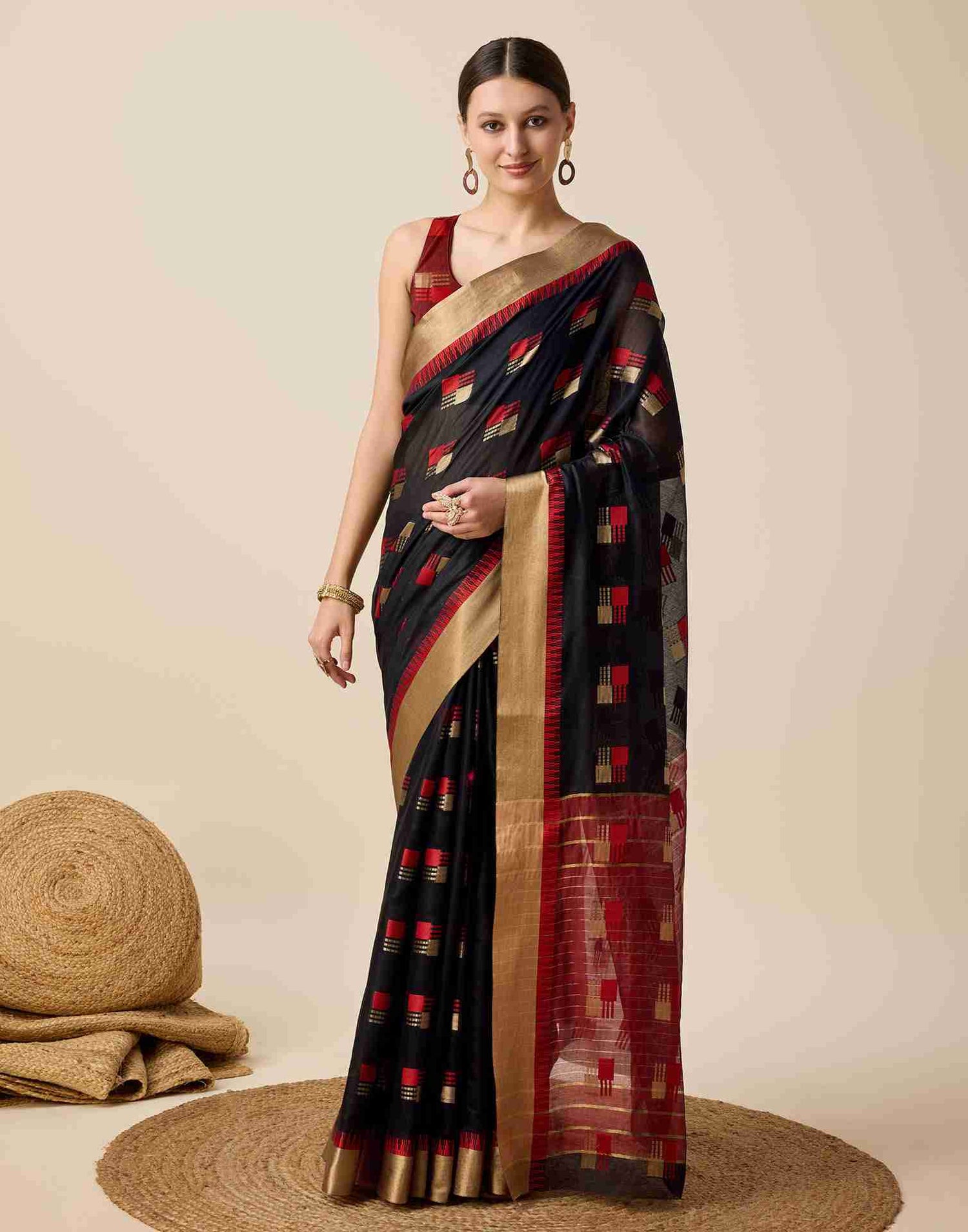 Black Cotton Woven Weaving Saree