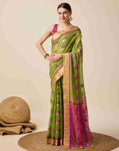 Green Cotton Woven Weaving Saree