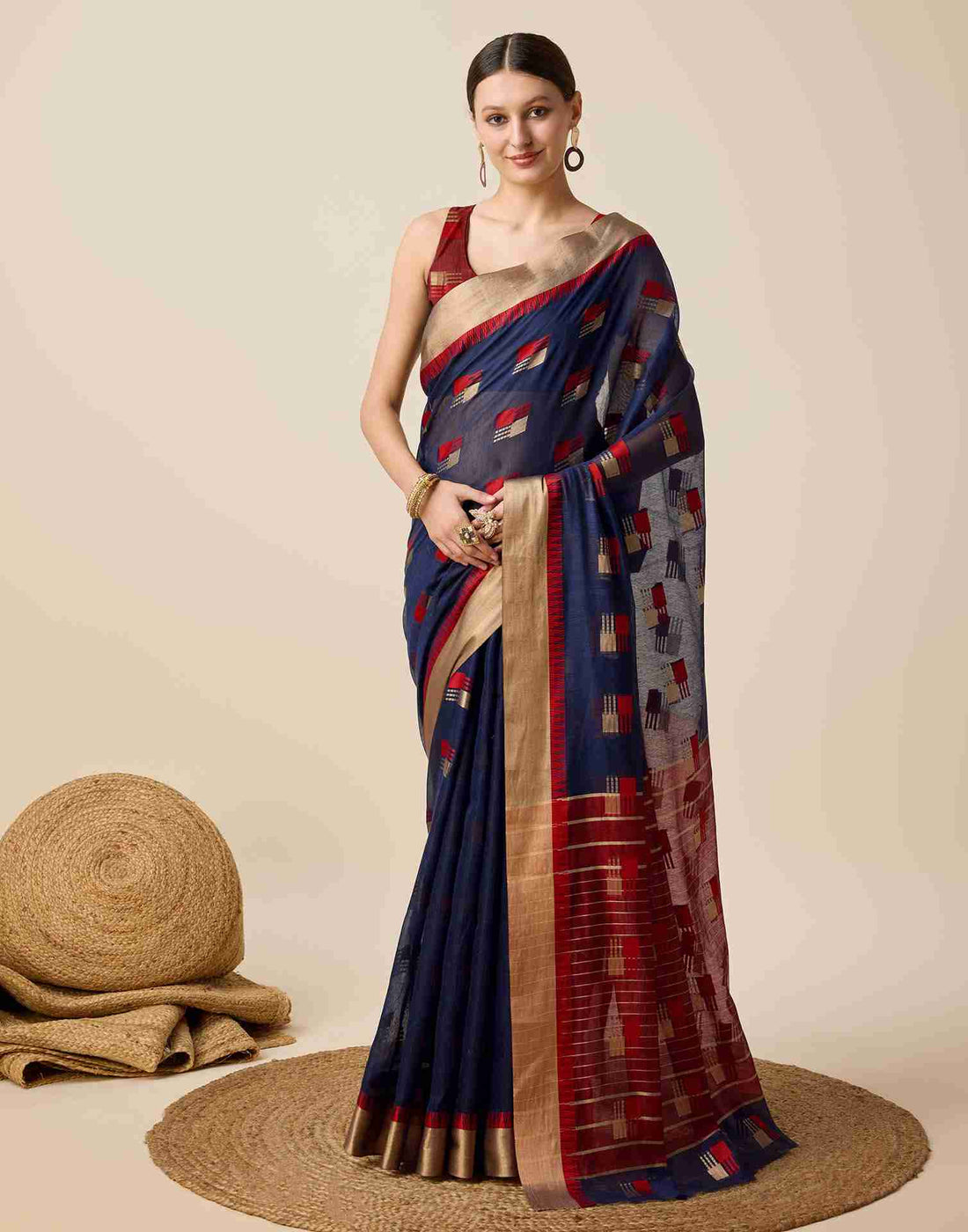 Navy Blue Cotton Woven Weaving Saree