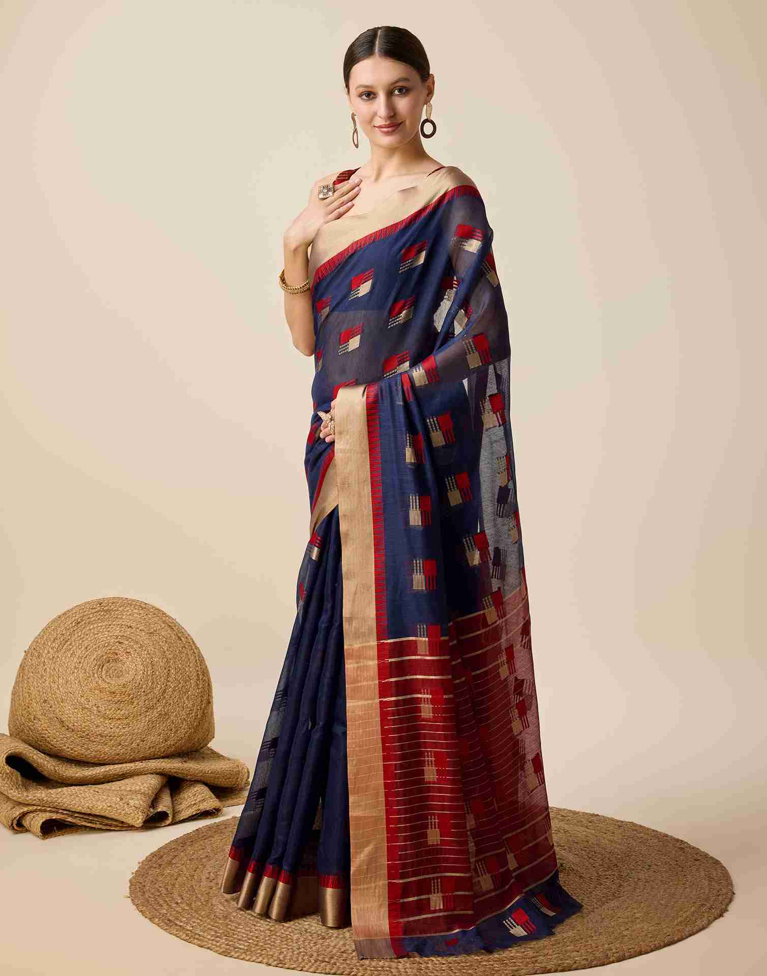 Navy Blue Cotton Woven Weaving Saree