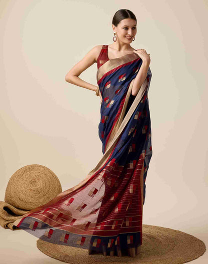 Navy Blue Cotton Woven Weaving Saree