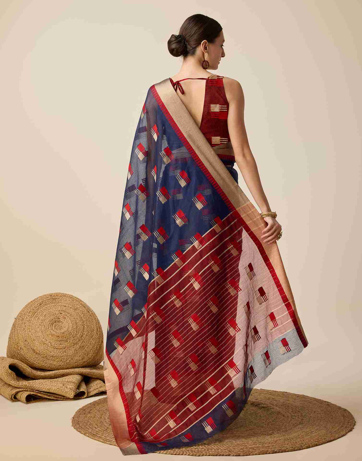 Navy Blue Cotton Woven Weaving Saree