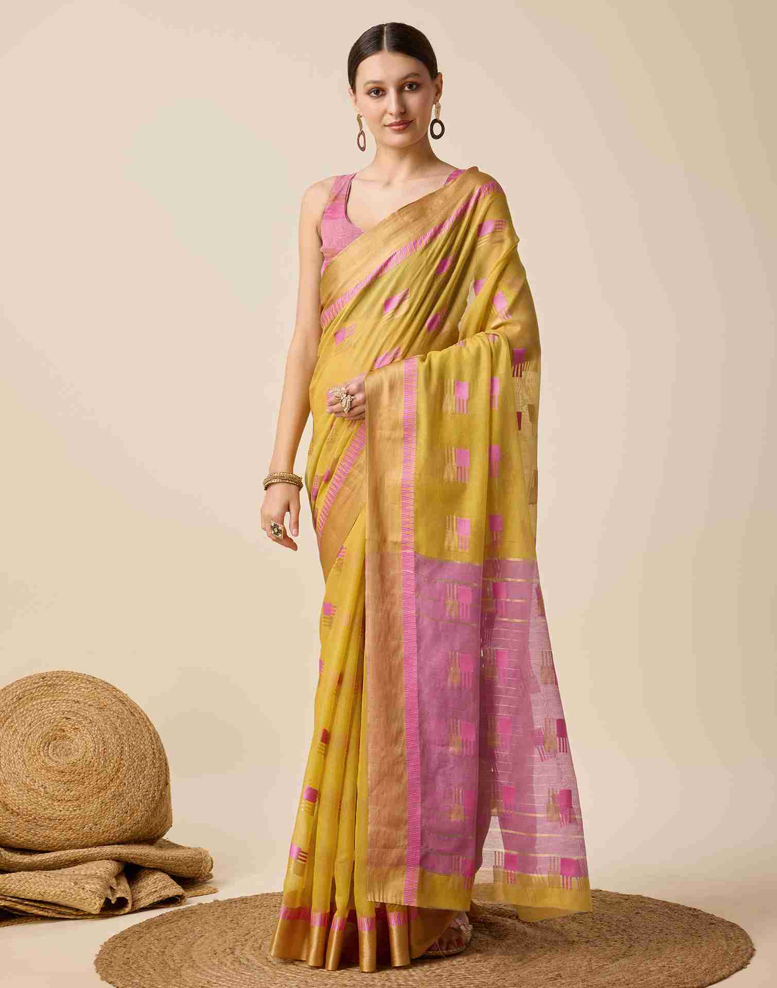 Mustard Yellow Cotton Woven Weaving Saree