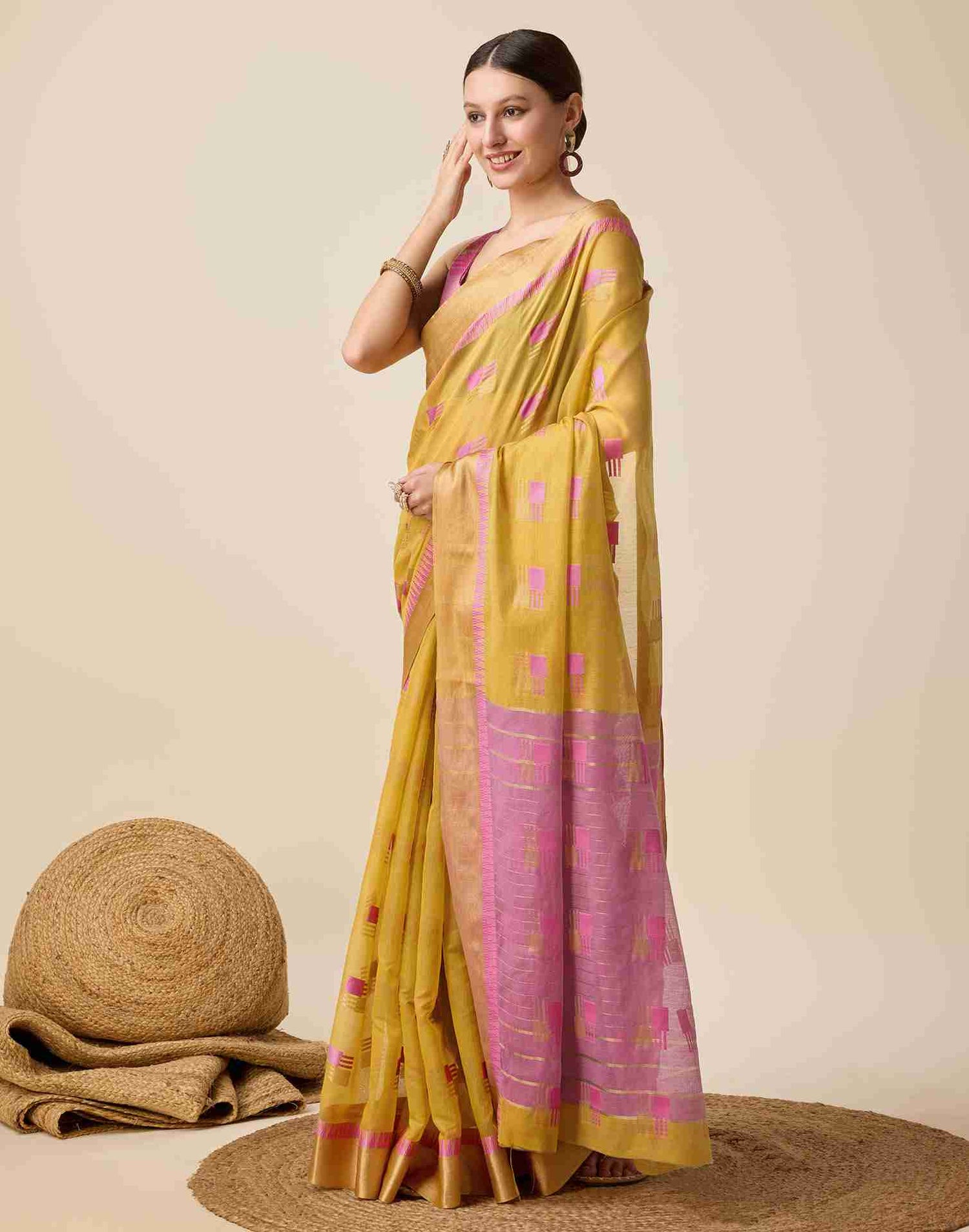 Mustard Yellow Cotton Woven Weaving Saree